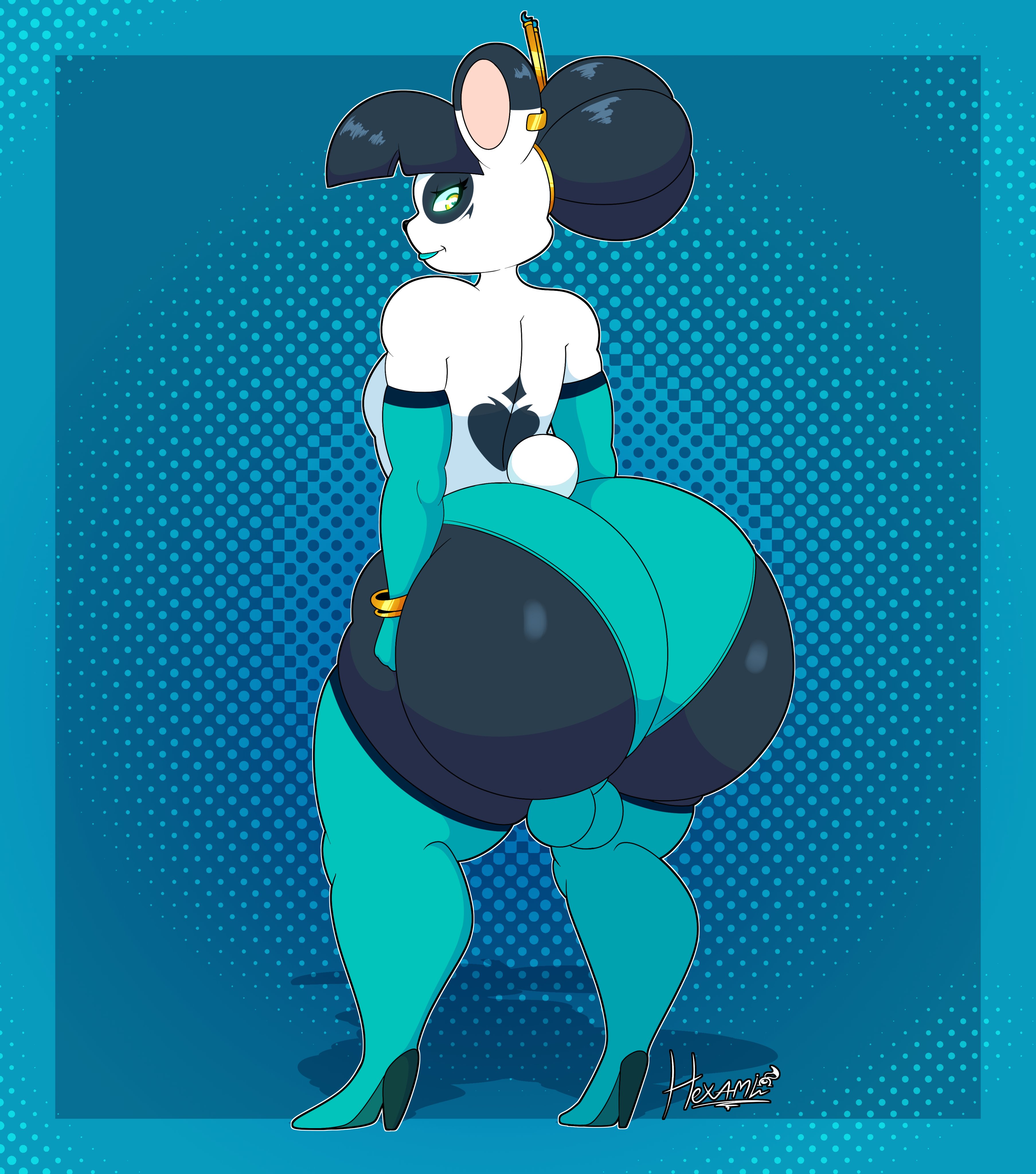 1boy, anthro, armwear, ass, bear, big ass, bracelet, bubble ass, bubble butt, clothing, fat ass, femboy, hexami, huge ass, large ass, looking at viewer, looking back, male, male only, original, original character, panda, shorts, solo, thick thighs, thigh boots, ursid, wide hips