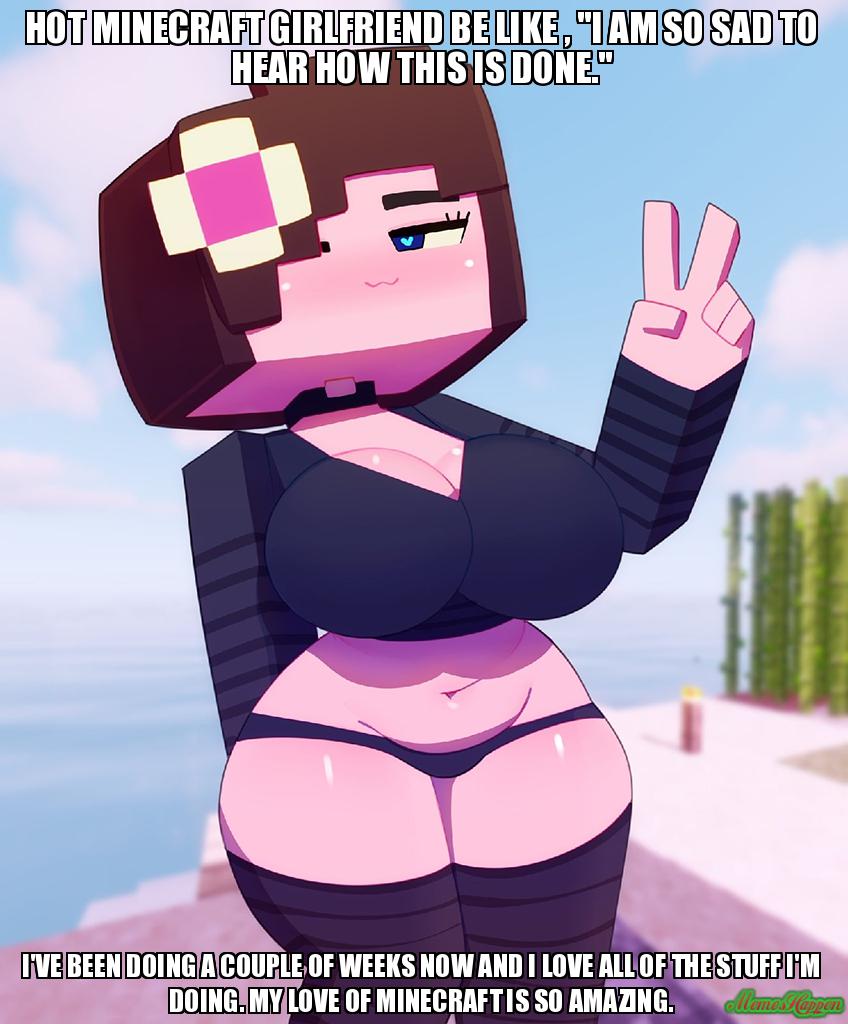 1girls :3 big_breasts blue_eyes breasts brown_hair cleavage clothed clothing edit english_text female flower flower_in_hair heart-shaped_pupils horny_female human_female humanoid impact_(font) jenny_belle_(slipperyt) light-skinned_female light_skin meme minecraft pale-skinned_female pale_skin panties peace_sign sand solo somescrub sugar_cane tagme text thick_thighs torch v watermark