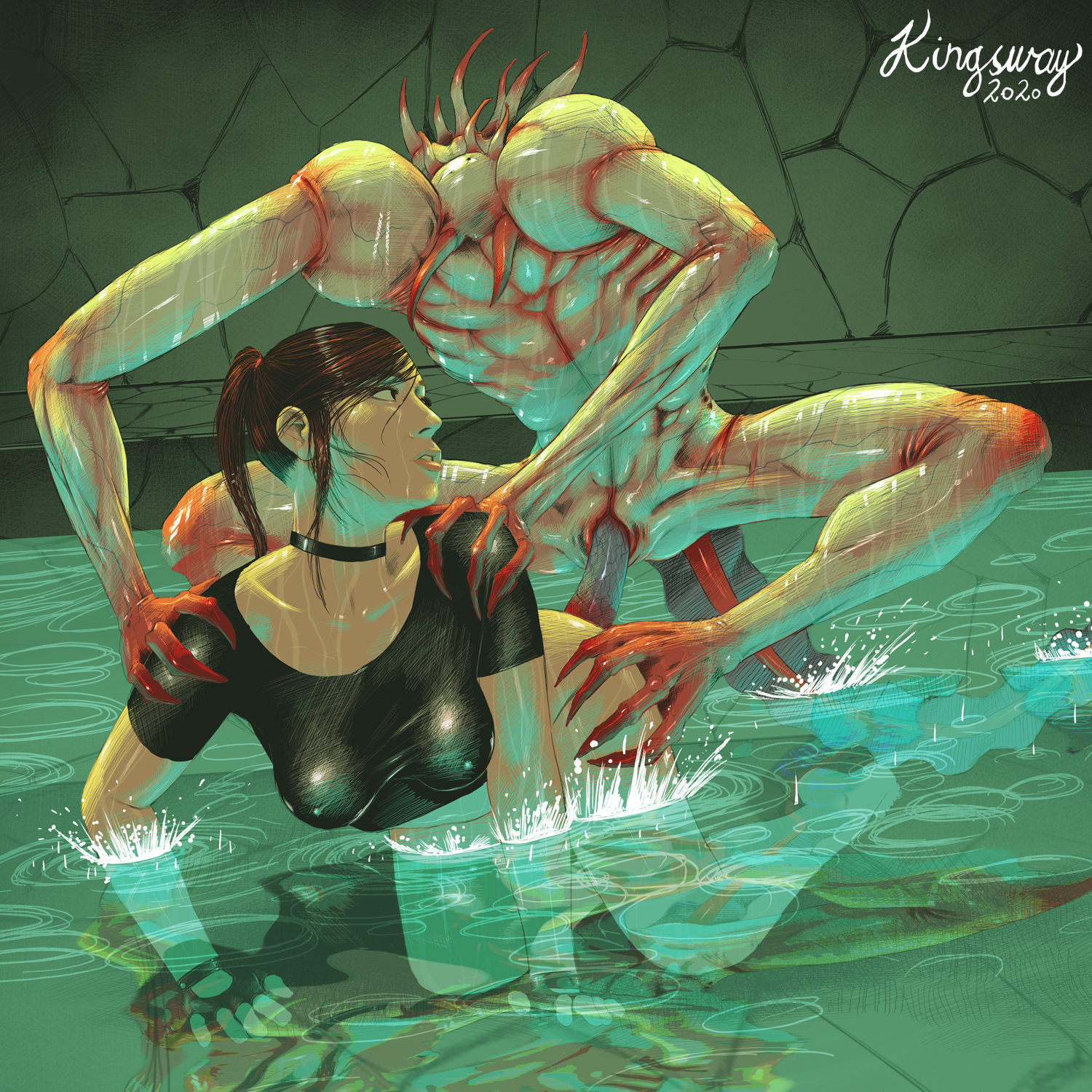 1boy, 1girls, 1monster, 2020, ambiguous penetration, artist name, biohazard, black shirt, bottomless, brick wall, brown hair, capcom, choker, claire redfield, doggy style, female, fingerless gloves, gloves, hand on hip, hands on shoulders, interspecies, kingsway, large penis, long hair, looking back, male, male/female, monster, monster on female, nipples visible through clothing, no panties, on knees, penis, ponytail, resident evil, resident evil 2, sex, shirt, splashing, tail, water, wet