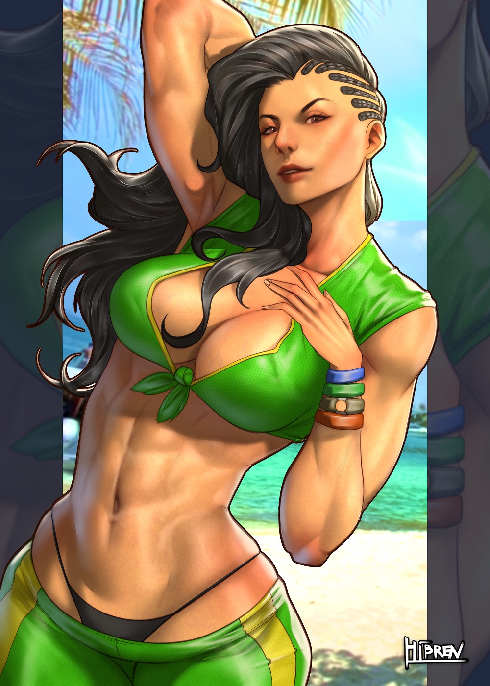 1girls asymmetrical_hair belt black_belt black_hair bracelet brazilian brazilian_female breasts brown_eyes capcom cleavage collarbone cowboy_shot crop_top cropped_legs dark-skinned_female dark_skin dougi female forehead front-tie_top green_pants hibren highres jewelry latina laura_matsuda long_hair looking_at_viewer martial_arts_belt midriff navel open_mouth pants redbone sleeveless solo street_fighter street_fighter_v thong