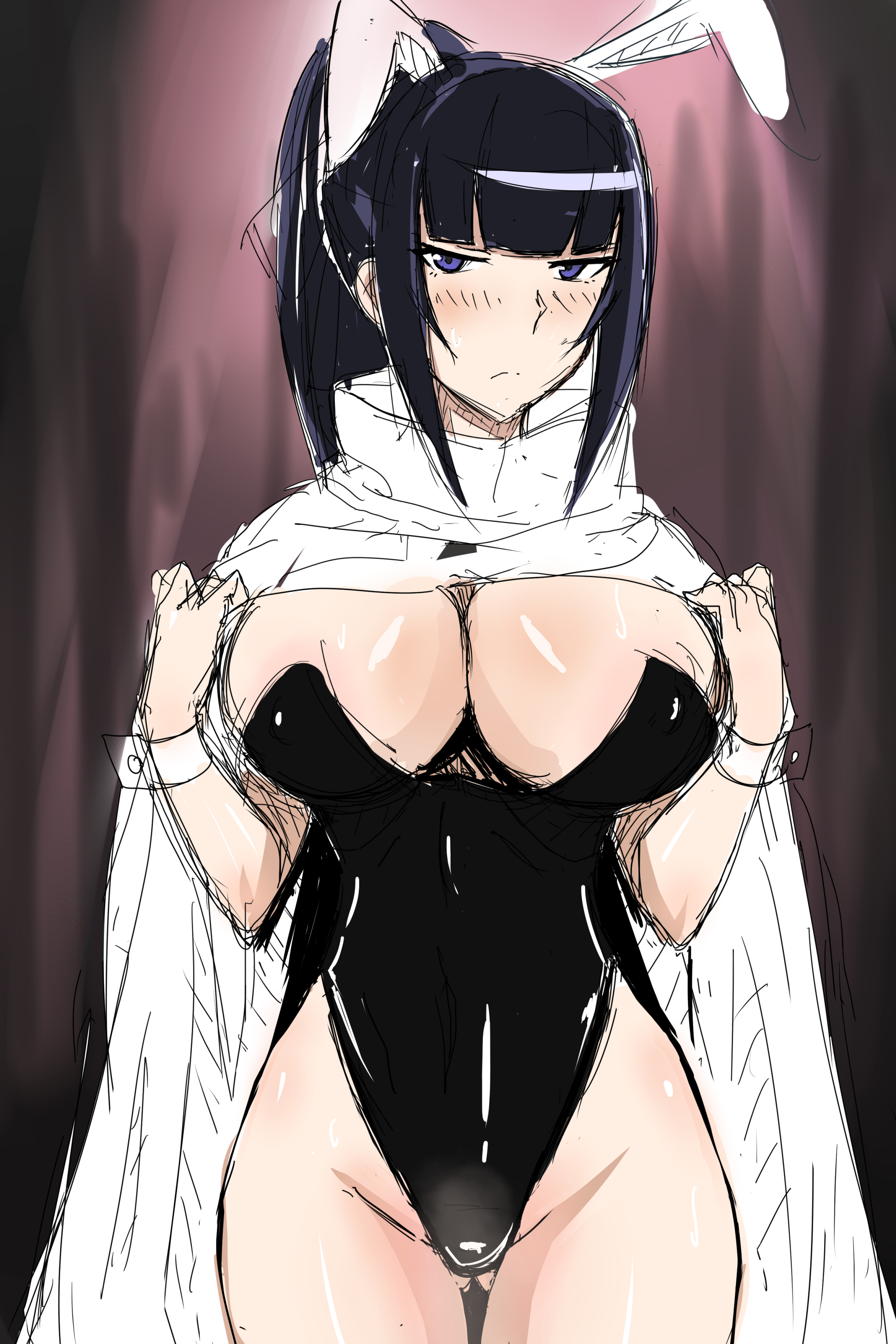 big breasts, black hair, blush, breasts, bunny ears, bunnysuit, emusurii, female, long hair, narberal gamma, overlord (maruyama), ponytail, skimpy, tagme