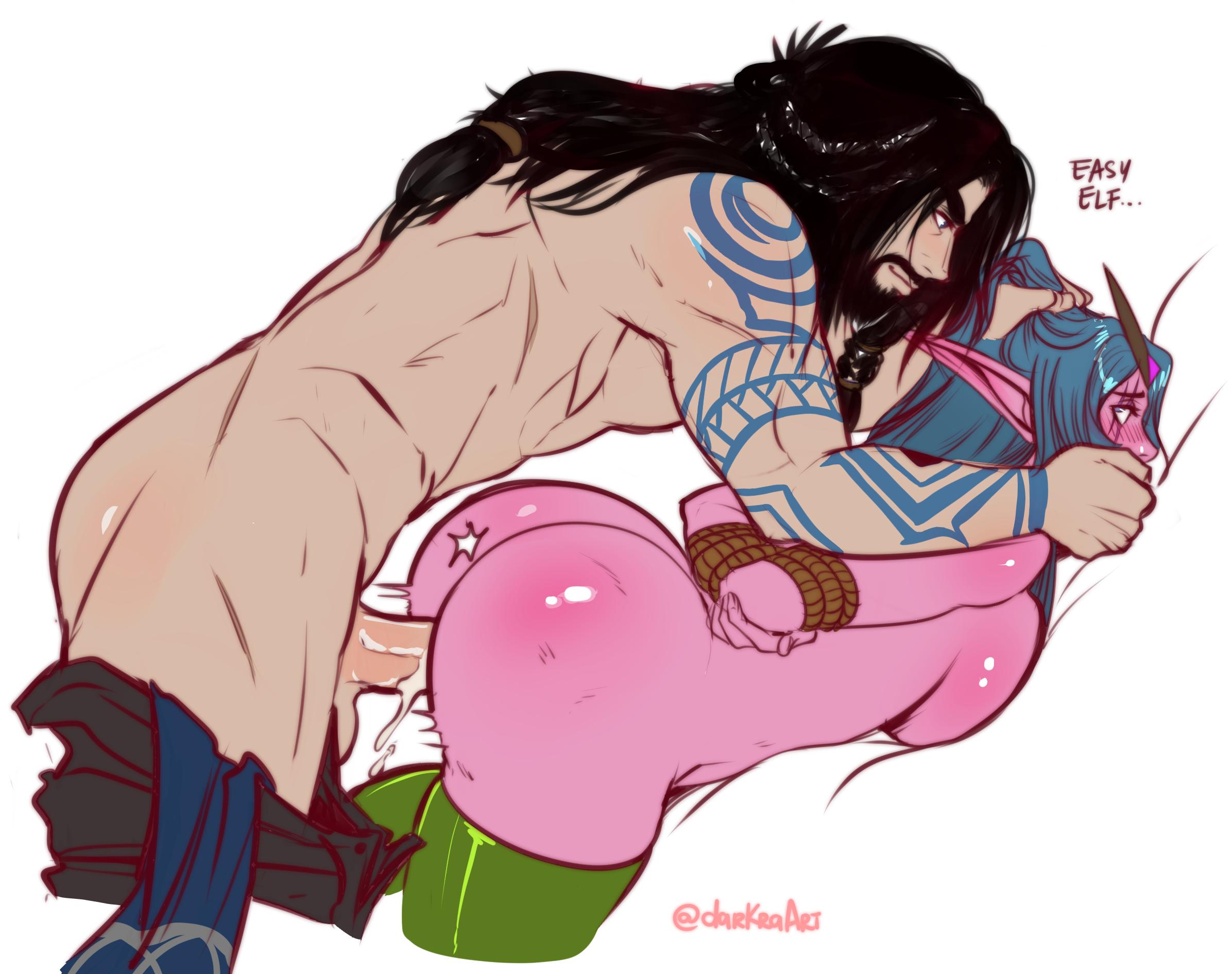 1boy, 1girls, arms tied, arms tied behind back, ass, beard, black hair, blizzard entertainment, blush, bondage, bound, bound arms, breast press, breasts, covering another's mouth, covering mouth, darkra, druid (warcraft), elf ears, female, from behind, from behind position, gagged, green hair, hair grab, hand gagged, hand over another's mouth, hand over mouth, handgag, hi res, human, light skin, light-skinned male, long hair, looking back, lulusa wildmist, male, male human/female elf, motion lines, night elf, nude, nude female, nude male, pants down, penetration, penis, pink skin, pointy ears, pussy, restrained, sideboob, tattoo, tattooed arm, thick thighs, thighhighs, tied up, vaginal penetration, warcraft, world of warcraft