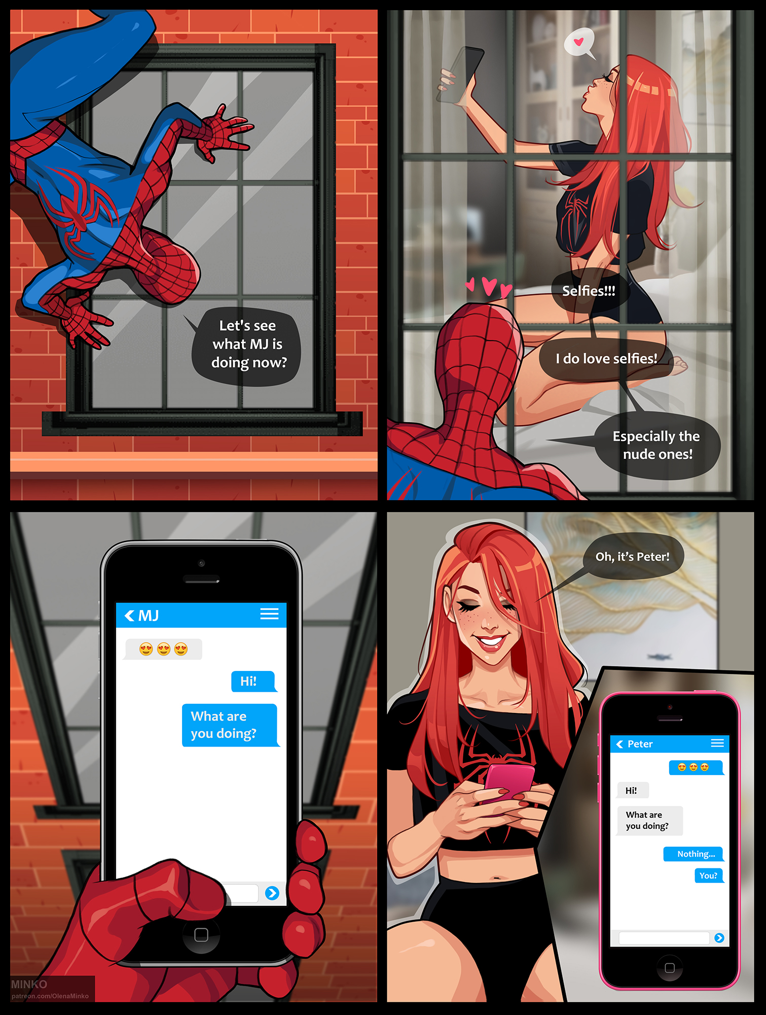 1boy, 1girls, 5 fingers, breasts, busty, canon couple, comic, cute, cute face, dialogue, digital media (artwork), english text, female, freckles, freckles on face, human, human only, light skin, light-skinned female, light-skinned male, long hair, male, male/female, marvel, marvel comics, mary jane watson, minko, olena minko, peter parker, red hair, red nails, selfie, speech bubble, spider-man, spider-man (series), straight, straight hair, superhero, text, texting, upper body, voyeur
