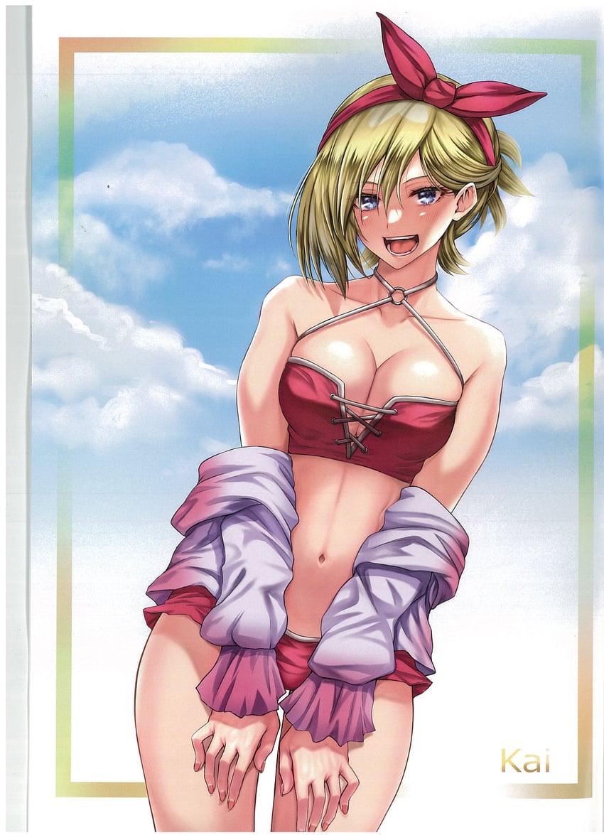 1girls bikini blonde_hair blue_eyes breasts cleavage irida_(pokemon) large_breasts looking_at_viewer open_mouth pokemon pokemon_legends:_arceus simple_background solo solo_female stomach swimsuit takecha