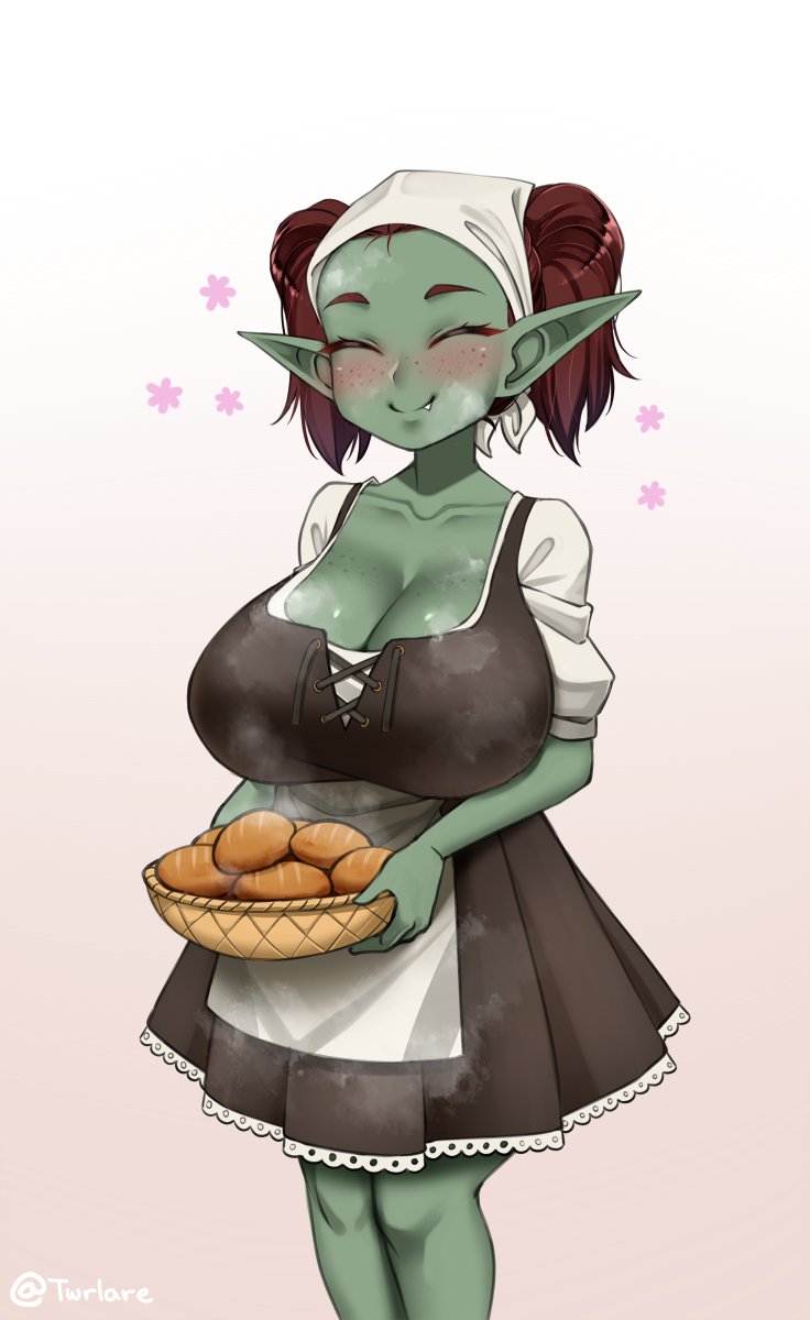 1girls :) afer_baking after_cooking big_breasts blush bread brown_hair cleavage closed_eyes clothes_covered_in covered_in_flour female female_only flour food freckles goblin goblin_female green_skin happy huge_breasts oerba_yun_fang offering_food pointy_ears shortstack smiling solo solo_female steam twintails twrlare waitress waitress_uniform white_background