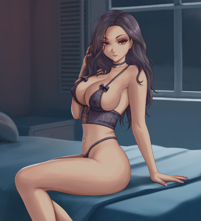 1girls, black hair, blue eyes, breasts, cleavage, female, female only, flowerxl, large breasts, lingerie, long hair, looking at viewer, panties, sitting on bed, solo, solo female, the witcher (series), underwear, yennefer