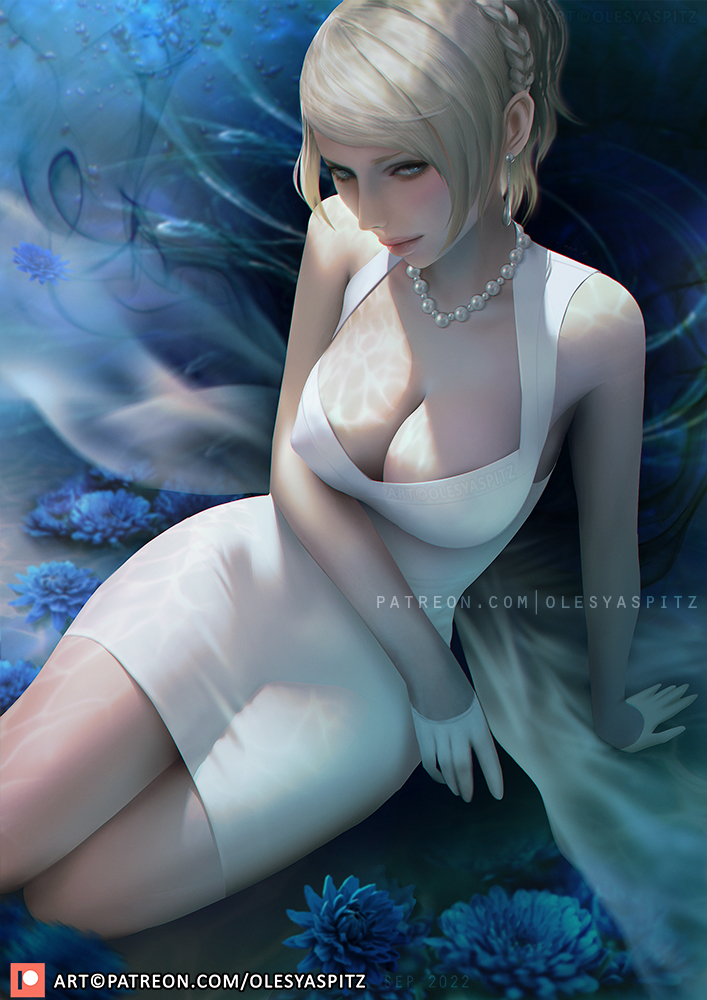 1girls big_breasts blonde_hair blue_eyes cleavage dress female female_only final_fantasy final_fantasy_xv light-skinned_female light_skin lunafreya_nox_fleuret nipple_bulge olesyaspitz realistic square_enix thick_thighs