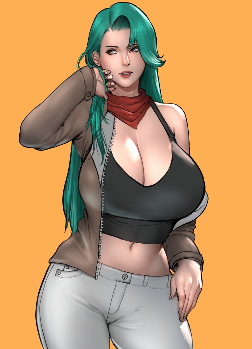 1girls ass bakunyuu belly_button big_breasts black_top brown_eyes brown_jacket butt clothed clothed_female emmie_(pokemon_ecchi) enormous_breasts fang fangame_character female female_only green_hair hand_on_hair huge_breasts human human_only jacket light-skinned_female light_skin lips long_hair looking_away massive_breasts pokemon pokemon_ecchi pokemon_fangame scarlett_ann scarlettann1028 seductive smile smiling solo thick_thighs voluptuous white_pants