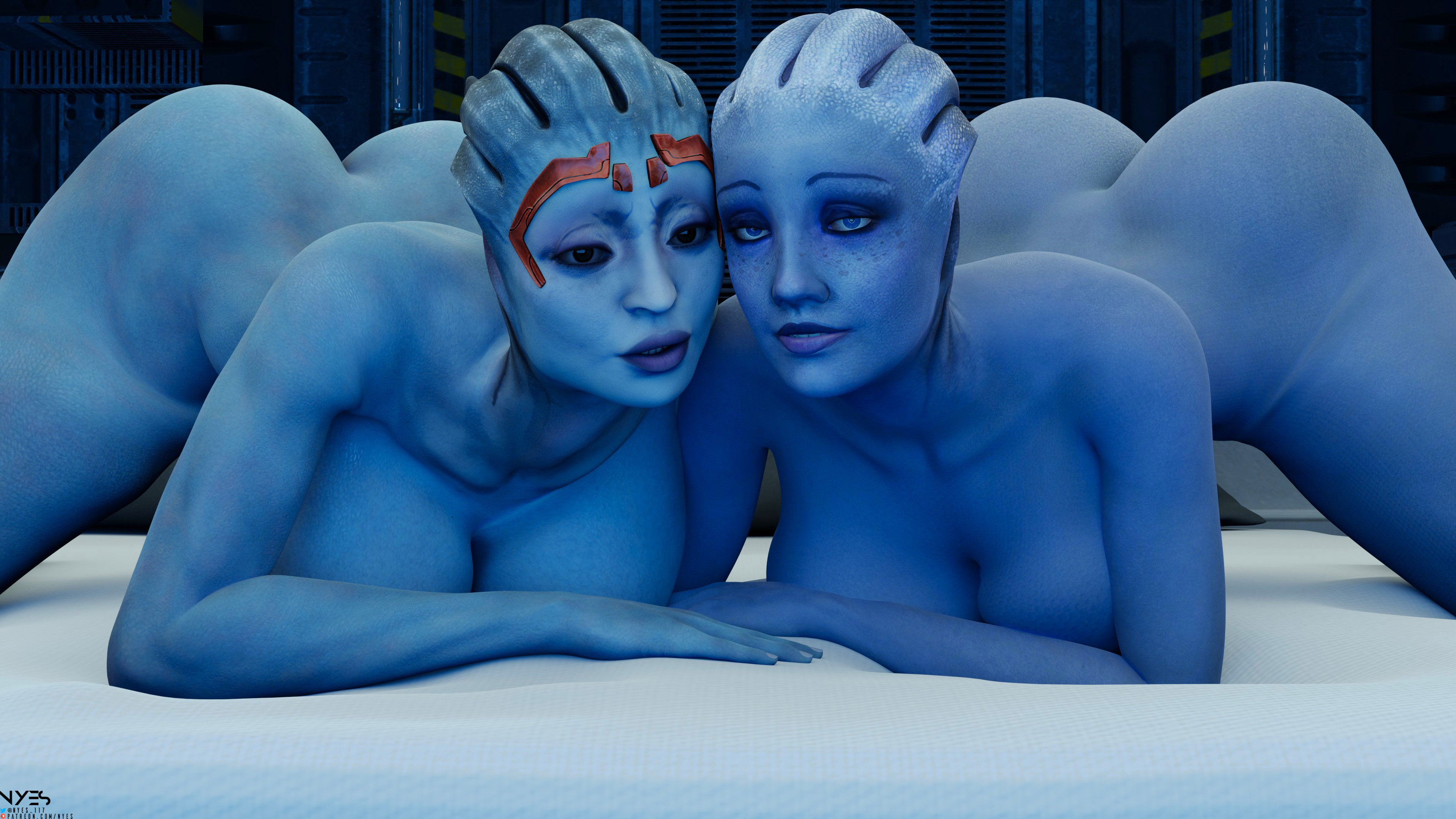 2girls, 3d, alien, alien girl, all fours, asari, ass, ass up, athletic, athletic female, big ass, big breasts, big butt, blue skin, breasts, bubble ass, bubble butt, busty, fat ass, female, female only, huge ass, huge breasts, large ass, large breasts, liara t'soni, looking at viewer, mass effect, mature female, milf, nyes117, round ass, samara, thick, thick ass, thick hips, thick lips, thick thighs, voluptuous, wide hips