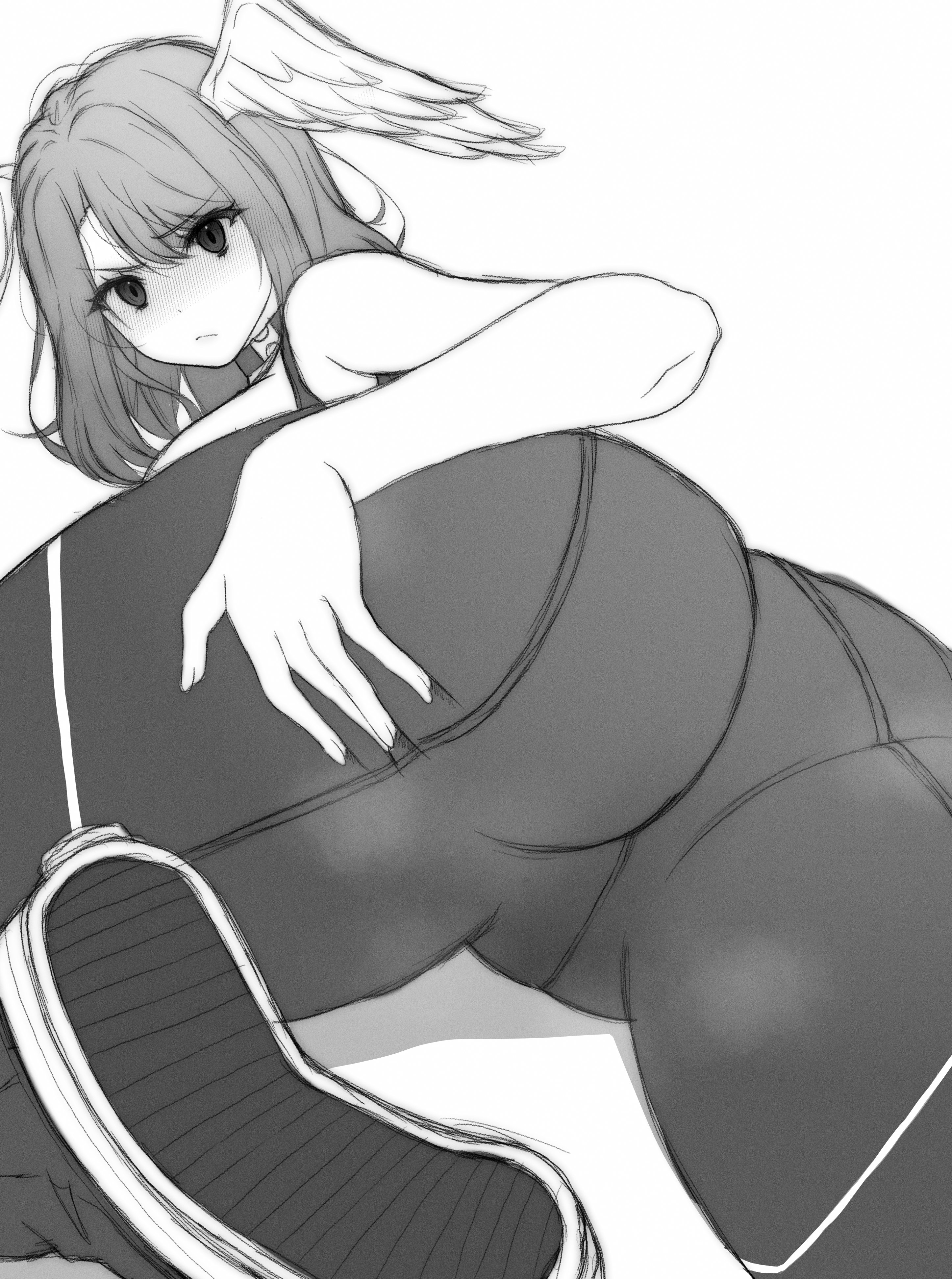 1girls, ass, eunie (xenoblade), female, frown, looking back, monochrome, naoillus, nintendo, presenting hindquarters, solo, xenoblade (series), xenoblade chronicles 3