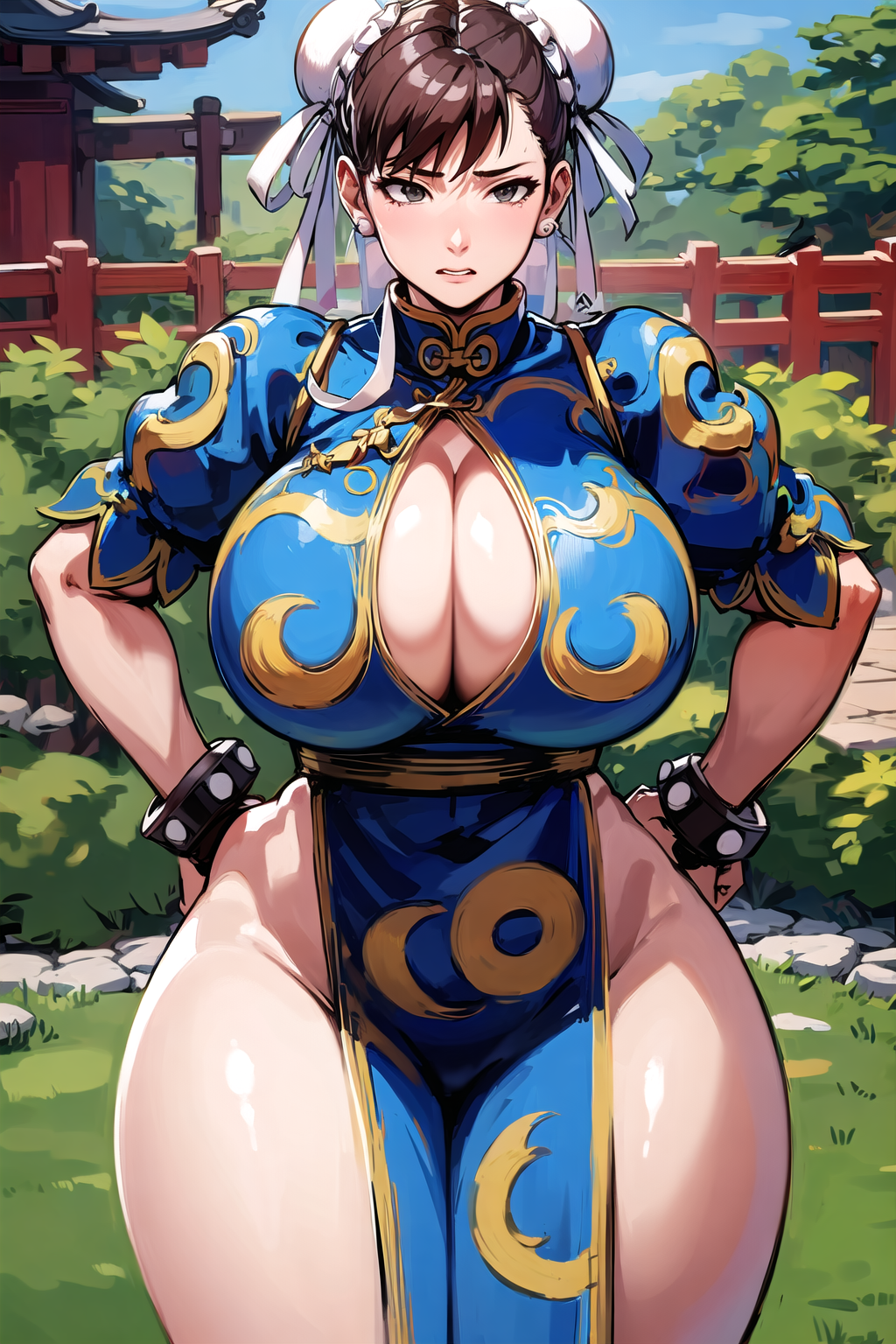 ai generated, breasts, capcom, china dress, chun-li, cleavage, embarrassed, female, huge breasts, no panties, no panties under dress, street fighter, the hotshot, thick thighs, wide hips