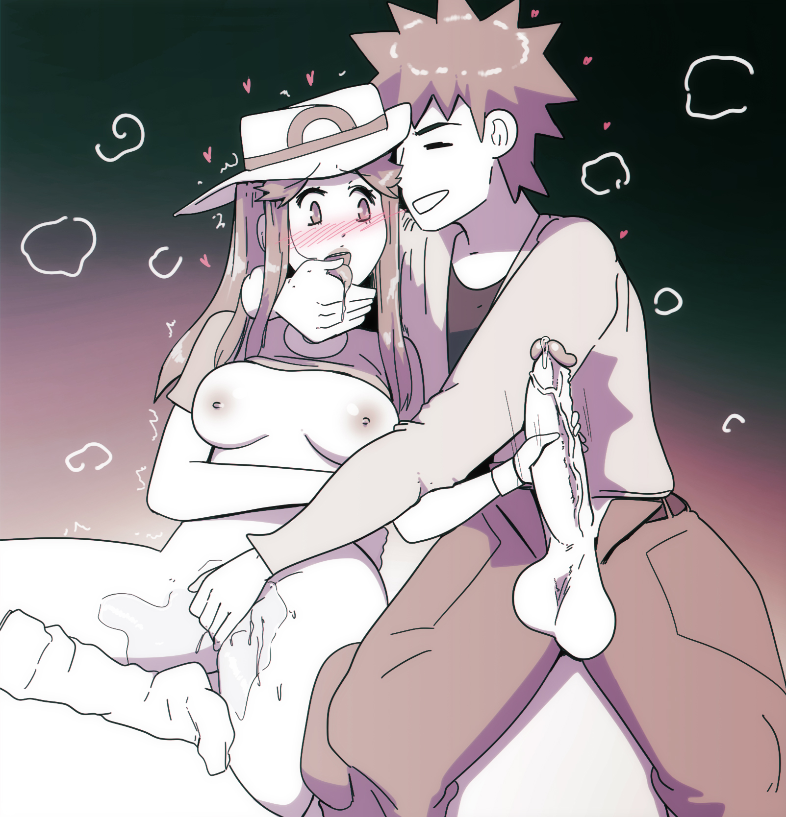 1boy, 1girls, areolae, balls, blush, breasts, brock (pokemon), erect penis, female, fingering, fingering partner, fingering pussy, handjob, hat, hi res, kneehighs, leaf (pokemon), long hair, long penis, loose socks, male, nintendo, nipples, open mouth, penis, pleasure face, pokemon, pokemon (anime), pokemon frlg, pussy, pussy juice, socks, spiky hair, tongue, tongue out, veiny penis, wet pussy, white socks, wolfgang bang