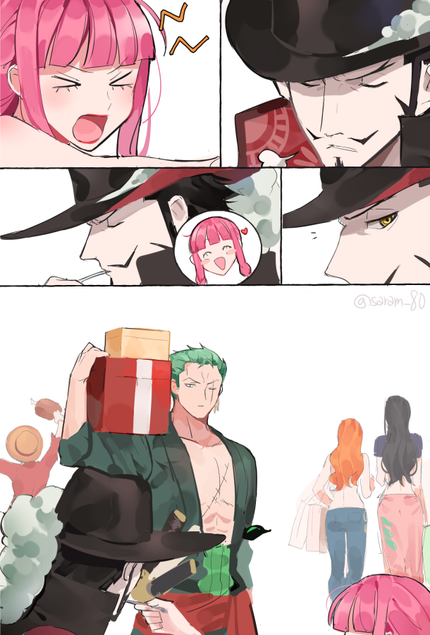 abs ass beard black_hair breath breathing carrying comic dracule_mihawk eyes_closed female funny green_hair hair_over_eyes happy hat heart hi_res highres holding holding_object holding_spoon joman long_hair looking_at_another looking_away looking_back looking_down looking_up male meat monkey_d_luffy muscular muscular_male mustache nami nico_robin no_shirt older_male one_eye_closed one_piece open_mouth orange_hair pants perona pink_hair pink_nail_polish roronoa_zoro saram_80 scar scary_eyes short_hair smile straw_hat sword watermark wholesome yelling yellow_eyes younger_female