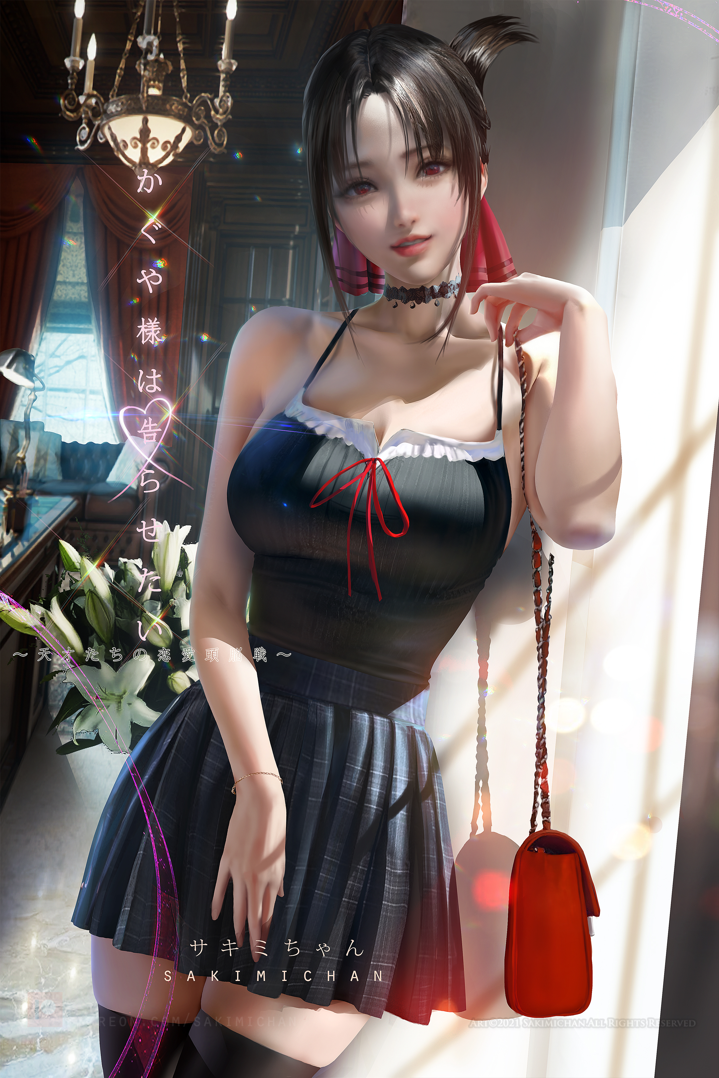 1girls, absurd res, absurdres, bare arms, bare shoulders, black choker, black dress, bouquet, breasts, brown hair, choker, cleavage, clothed, clothed female, clothing, cute face, dress, female, female focus, female only, flowers, high resolution, highres, kaguya-sama wa kokurasetai ~tensai-tachi no renai zunousen~, light skin, light-skinned female, looking at viewer, medium breasts, plants, ponytail, purse, red eyes, sakimichan, shinomiya kaguya, short ponytail, smile, smiling, solo, solo female, solo focus, standing, thighhighs, thighs, very high resolution