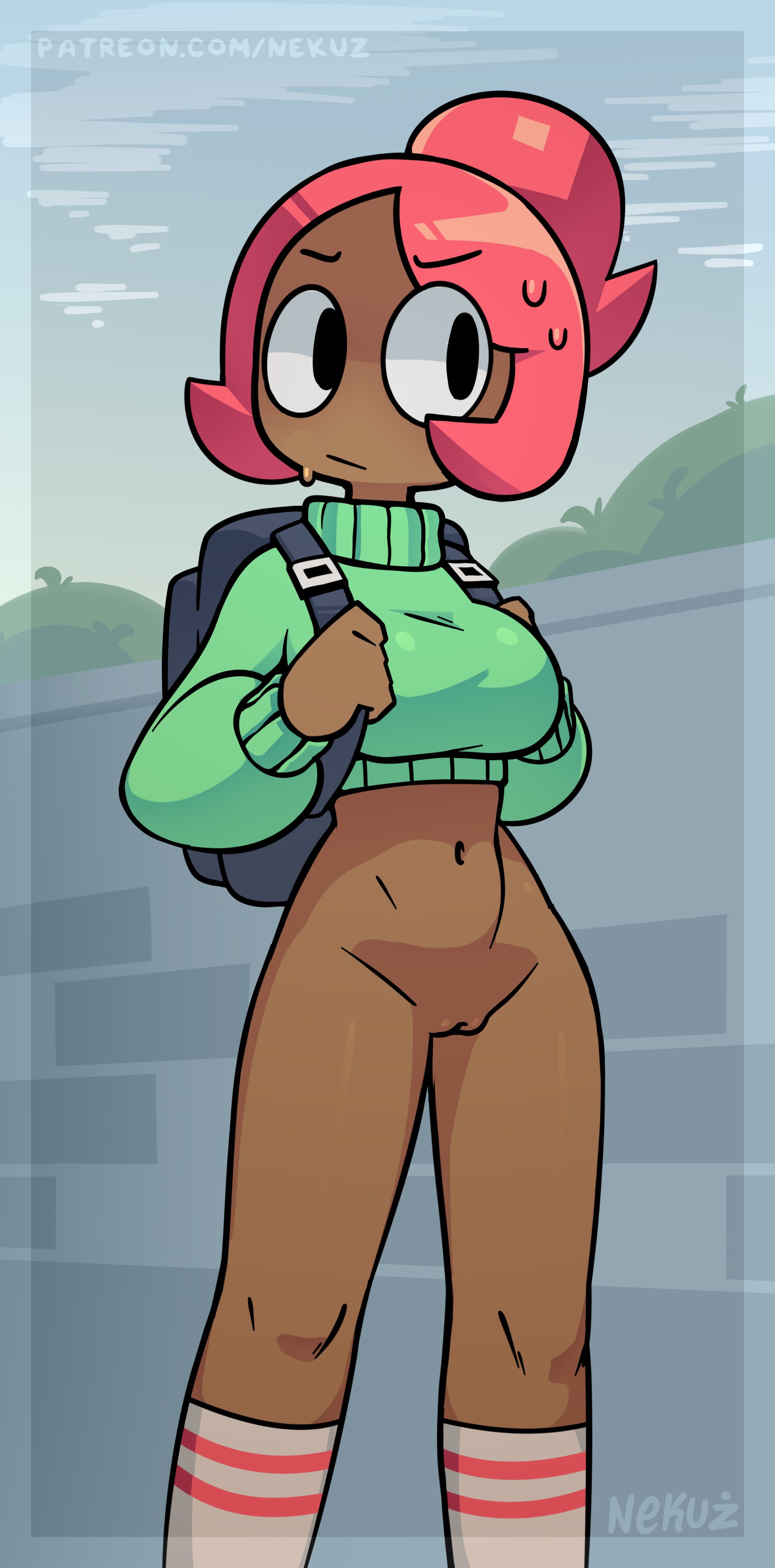 1girls, 2022, background, backpack, bag, blush, bottomless, bottomless female, breasts, brown body, brown skin, casual, casual bottomless, casual nudity, chloe (nekuzx), clothing, dark skin, dark-skinned female, female, female focus, female only, genitals, green sweater, human, legs, legwear, long legs, looking at viewer, navel, nekuzx, nonsexual, nonsexual nudity, original, original character, public exposure, public nudity, pussy, red hair, socks, solo, solo focus, standing, sweat, sweater, topwear, vagina