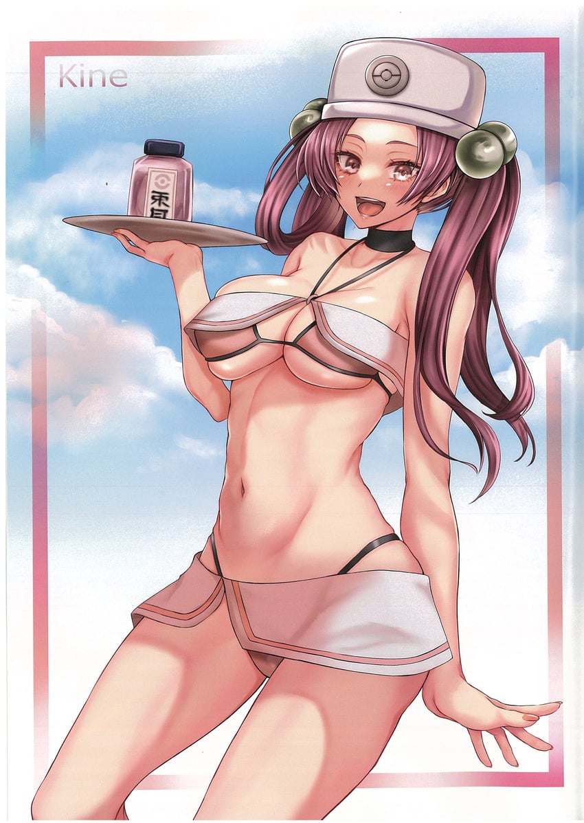 1girls breasts cleavage hair_ornament hat large_breasts looking_at_viewer pesselle_(pokemon) pink_eyes pink_hair pokemon pokemon_legends:_arceus simple_background solo solo_female stomach swimsuit takecha