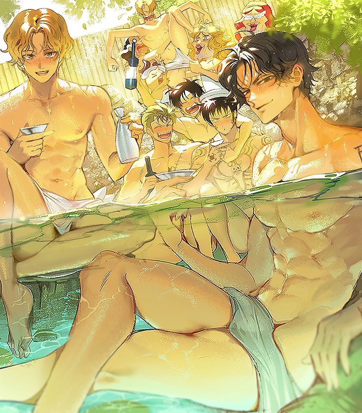 10boys alcohol bishonen black_hair blonde_hair blush chest_tattoo completely_nude convenient_censoring detailed detailed_background drunk duo_focus freckles male male_only monkey_d_luffy multiple_boys muscular muscular_male nori31291404 nude one_piece onsen portgas_d_ace pre-timeskip reclining relaxing roronoa_zoro sabo_(one_piece) sakazuki sake sexual_harassment sitting smile tattoo tattoos toned toned_male tony_tony_chopper towel towel_around_waist trafalgar_law usopp vinsmoke_sanji wet_body wet_skin