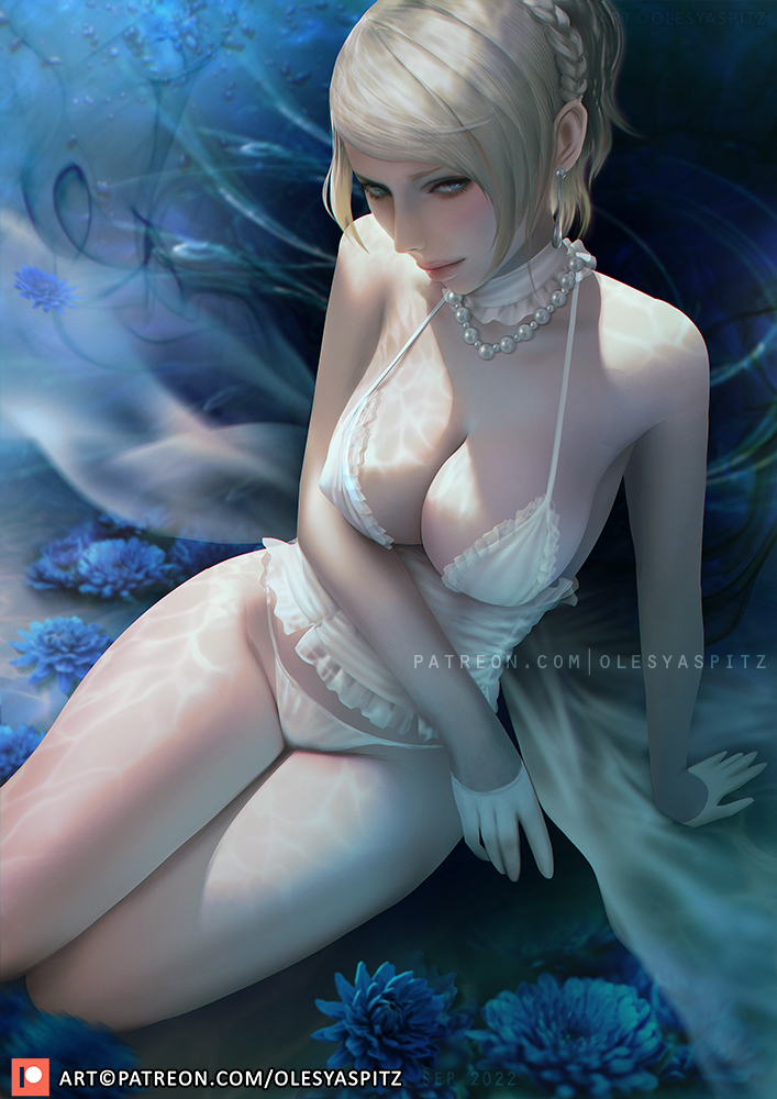 1girls big_breasts blonde_hair blue_eyes cleavage female female_only final_fantasy final_fantasy_xv light-skinned_female light_skin lunafreya_nox_fleuret nipple_bulge olesyaspitz realistic square_enix thick_thighs underwear