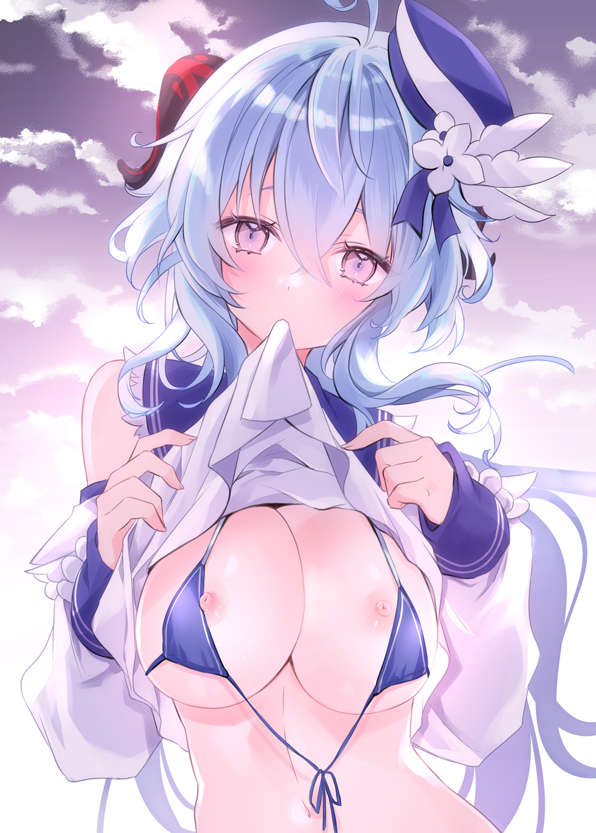 ahoge, bangs, bare shoulders, bikini, blue bikini, blue hair, blush, breasts, clothes in mouth, clothes lift, female, flower, ganyu (genshin impact), genshin impact, goat horns, hair flower, hair ornament, hat, highres, horns, kurun (kurun777), large breasts, lifted by self, long hair, looking at viewer, nipples, purple eyes, sidelocks, solo, swimsuit, upper body, white flower