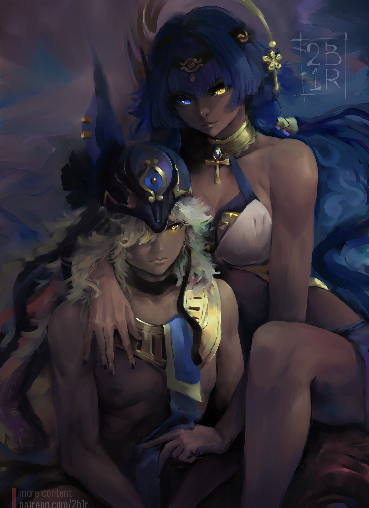 1boy 1girls 2bells1ravine bra candace_(genshin_impact) cyno_(genshin_impact) dark_room dark_skin egyptian female genshin_impact glowing_eyes gold_jewelry heterochromia male painting_(artwork) shadow shirtless_male sideboob twintails