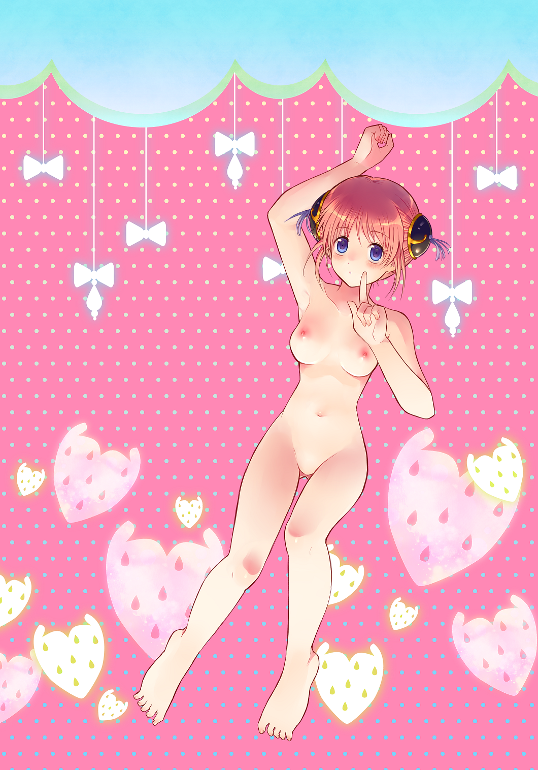 armpit barefoot blue_eyes bun_cover completely_nude double_bun feet female female_only finger_to_mouth full_body ginkamiaki gintama hair_ornament hairless_pussy kagura_(gintama) looking_at_viewer medium_breasts nude orange_hair pink_background shaved_pussy solo