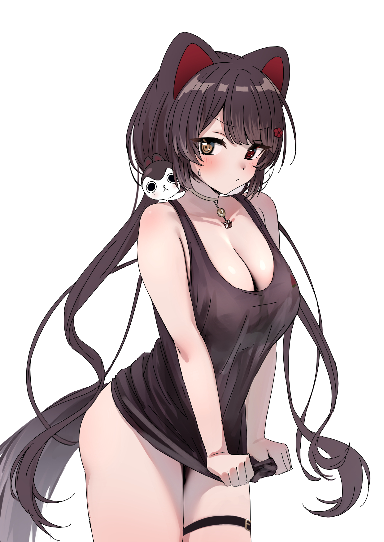 1girls, animal ears, blush, breasts, brown hair, cleavage, dog ears, dog girl, dog tail, female, hair ornament, heterochromia, highres, huge breasts, inui toko, long hair, looking to the side, necklace, nijisanji, osiaarah, red eyes, simple background, solo, standing, tail, thigh gap, thighs, very long hair, virtual youtuber, white background, yellow eyes