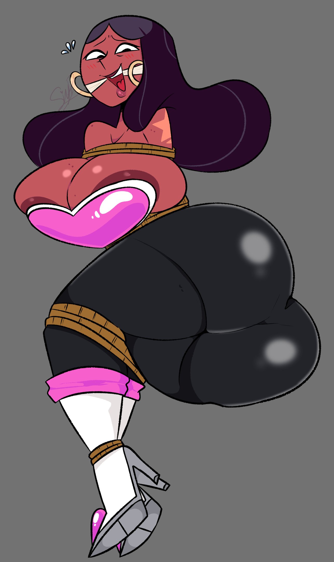 1girls, ass, big breasts, black hair, breasts, cartoon network, commission, dark skin, dark-skinned female, female, huge breasts, long hair, mature female, milf, mother, pixelzsinful, priyanka maheswaran, rouge the bat (cosplay), sega, sonic (series), sonic the hedgehog (series), steven universe, thick thighs, tied arms, tied legs, wide hips