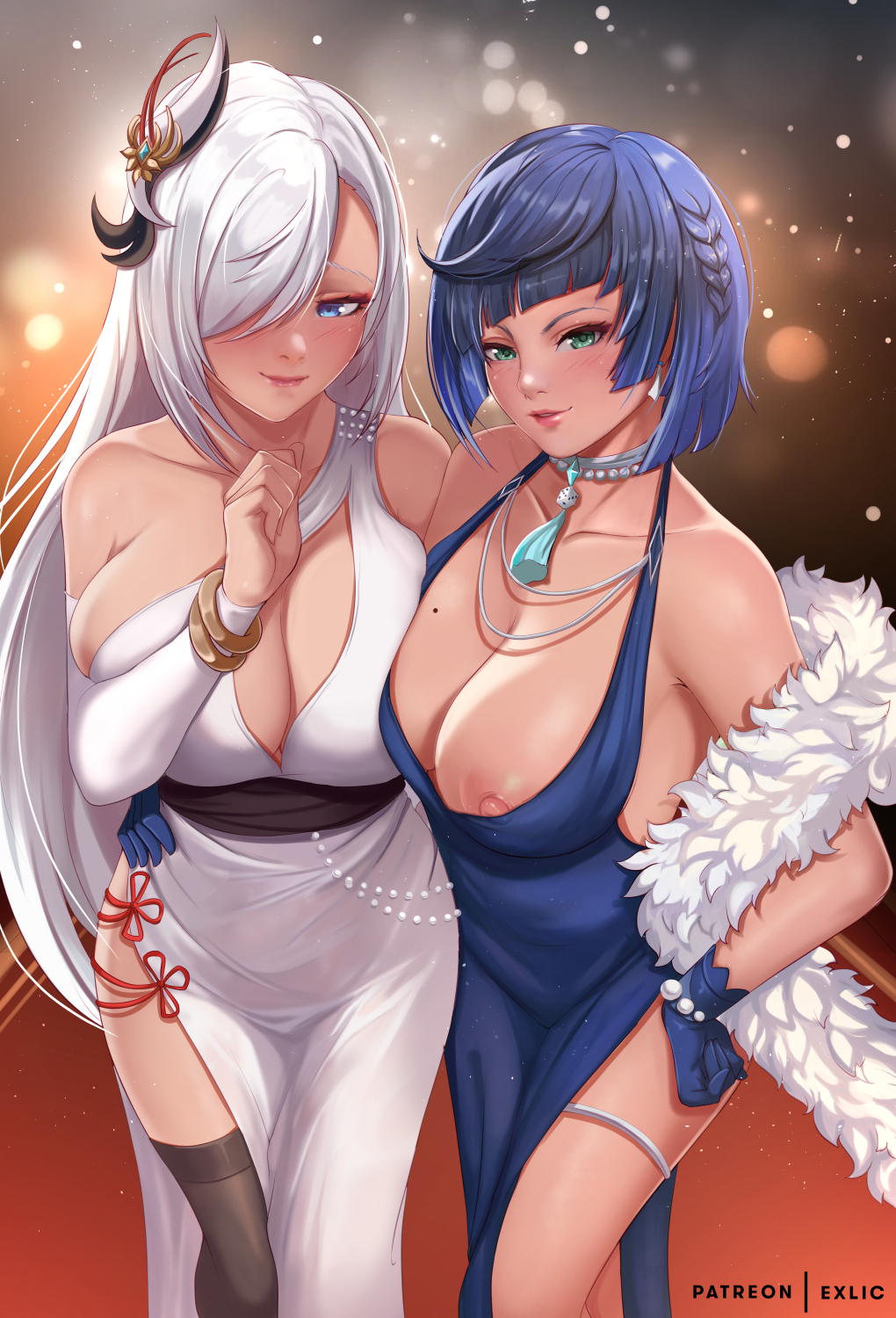 2girls, areolae, big breasts, blush, breasts, exlic, female, female only, genshin impact, large breasts, looking at viewer, multiple females, multiple girls, nipples, shenhe (genshin impact), yelan (genshin impact)