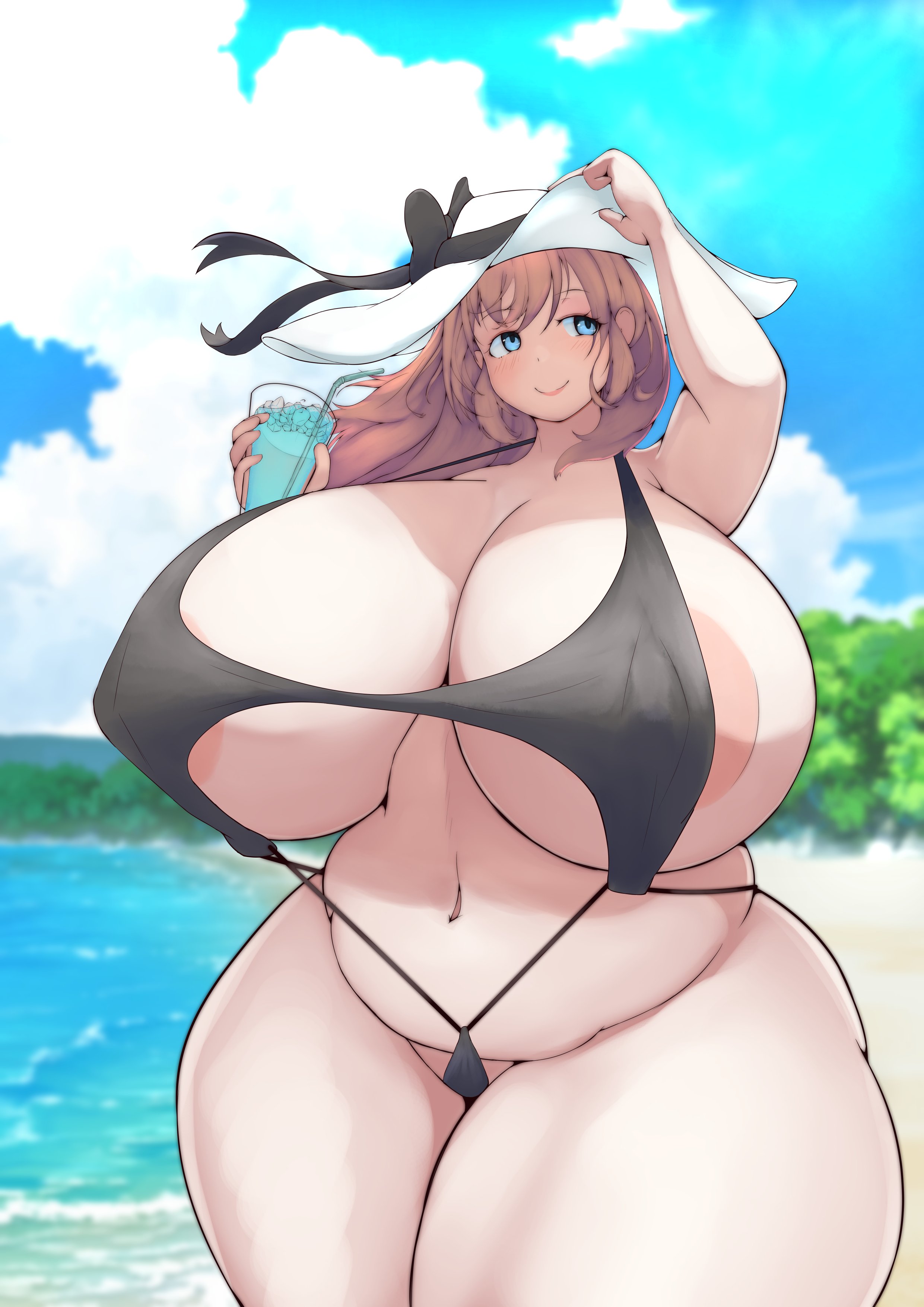 1girls, 2022, areolae slip, beach, bikini, blue eyes, breasts, brown hair, curvaceous, curvy, female, hips, hourglass figure, huge breasts, huge thighs, hyper, hyper breasts, large breasts, massive breasts, micro bikini, muffin top, oc, pinup, plump, shiruhiya, sling bikini, summer, sunhat, swimsuit, swimwear, thick thighs, thighs, vacation, venus body, voluptuous, wide hips