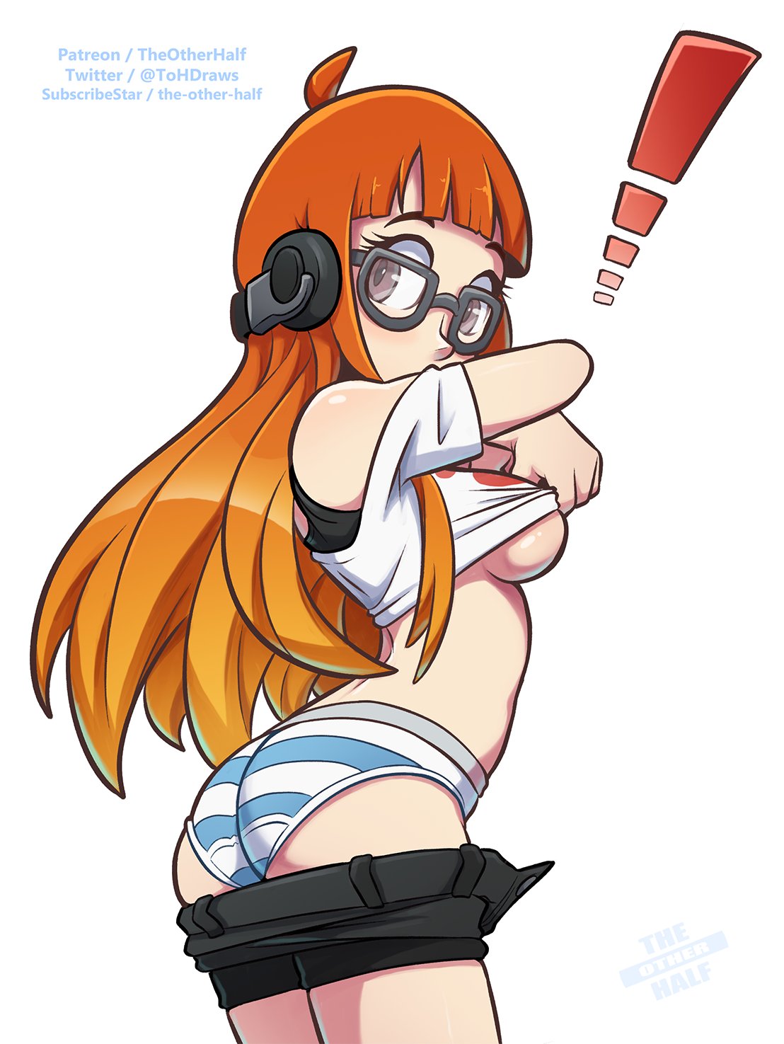!, 1girls, alternate version available, ass, atlus, black bra, black eyes, black shorts, blush, bottomwear, bra, breasts, exclamation point, eyewear, female, female only, glasses, headphones, long hair, looking at viewer, medium breasts, orange hair, panties, persona, persona 5, sakura futaba, shirt, shirt lift, shirt up, shorts, shorts down, sideboob, solo, solo female, striped panties, the other half, thighs, topwear, undressing, white shirt