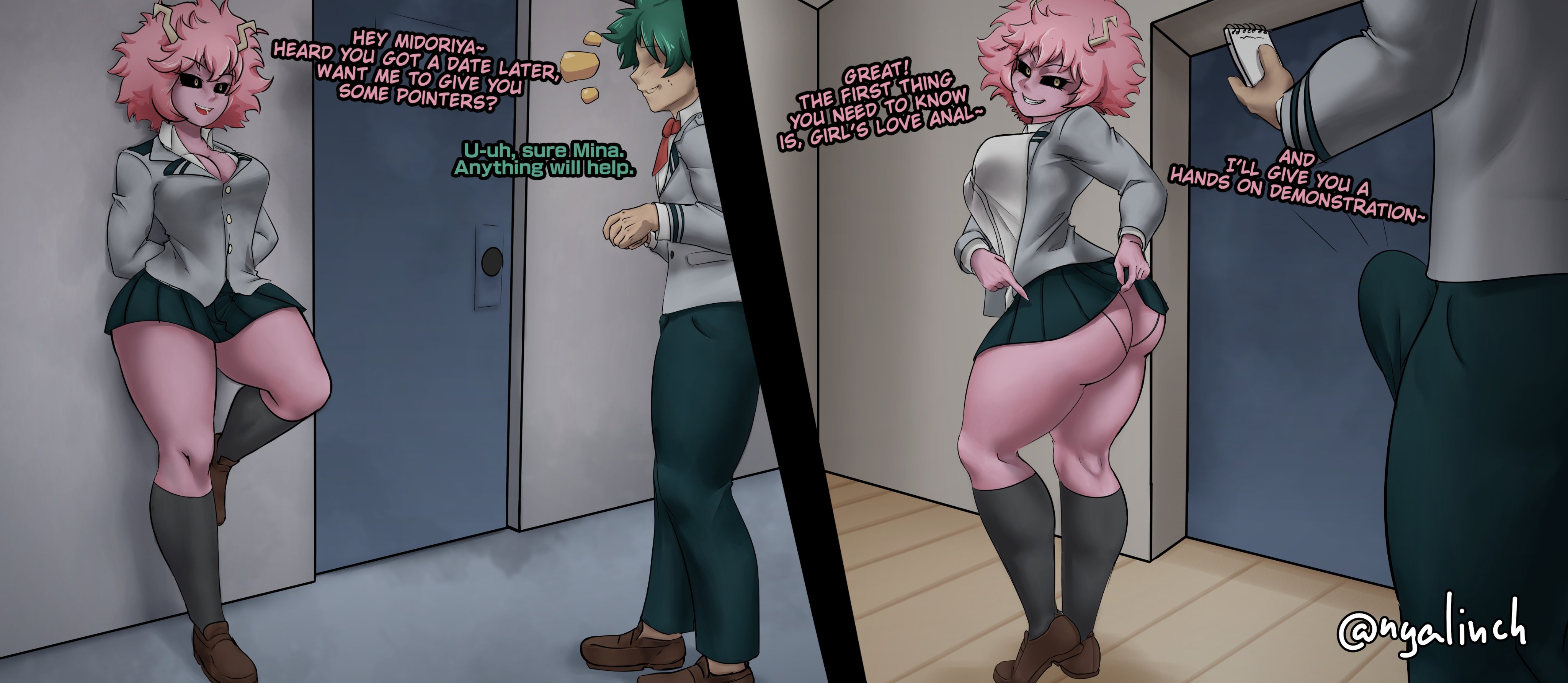 1boy, 1girls, anal access, anal only, anal only panties, ass, backless panties, big ass, big breasts, big butt, big thighs, black sclera, boku no hero academia, bra, breasts, clothed, clothes, clothing, dialogue, english text, erect penis, erection, erection under clothes, female, green hair, green-haired male, horns, huge thighs, imminent anal, imminent sex, izuku midoriya, large thighs, legs, looking at another, looking back, male, meowlinch, mina ashido, my hero academia, penis, pink body, pink hair, pink skin, pink-haired female, school uniform, short hair, skirt, skirt lift, standing, teasing, teenager, text, thick thighs, thighs, u.a. school uniform, yellow eyes