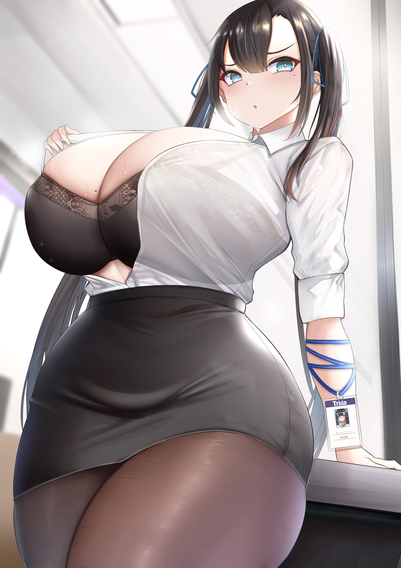 1girls, big breasts, black hair, bra, breasts, breasts bigger than head, chomikuplus, female, female focus, female only, huge breasts, long hair, office lady, pantyhose, poro (chomikuplus), shirt, skirt, solo, standing, suit, thick thighs, thighs, tight clothing, twintails, voluptuous, wide hips