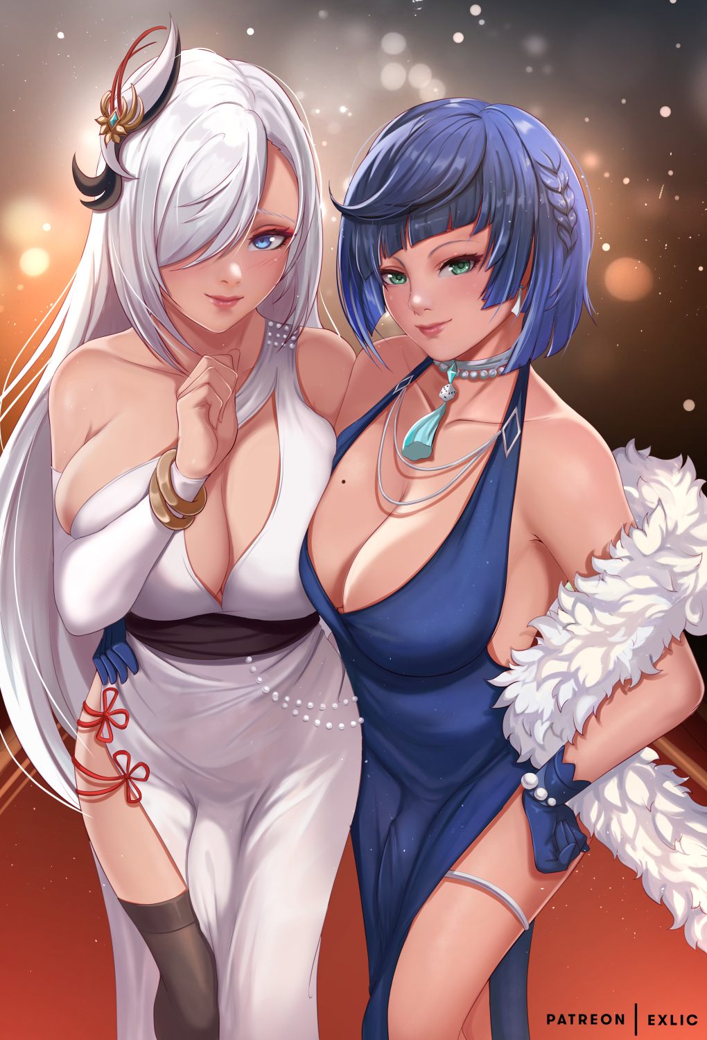 2futas, big breasts, big penis, blue hair, bottomless skirt, breasts, bulge, cameltail, clothed, clothing, dickgirl, dress, duo, exlic, flaccid, fully clothed, futa only, futa with futa, futanari, genshin impact, hair over one eye, high-angle view, human, intersex, large breasts, light skin, light-skinned futa, looking at viewer, penis, penis bulge, penis under clothes, penis under skirt, shenhe (genshin impact), skirt, standing, thighhighs, white hair, wide hips, yelan (genshin impact)