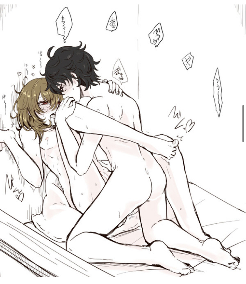 akira kurusu, anal, anal sex, black hair, brown hair, goro akechi, holding leg, male, male only, male/male, persona 5, red eyes, ren amamiya, yaoi