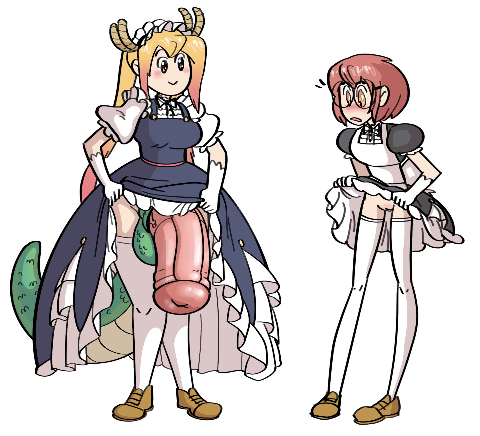 1futa, 1girls, antlers, balls, blonde hair, bottomless, clothed, clothing, dragon penis, duo, female, futanari, gigantic penis, glasses, going commando, huge balls, huge cock, human, humanoid, intersex, kobayashi, light skin, light-skinned female, light-skinned futa, maid, maid apron, maid headdress, maid uniform, miss kobayashi's dragon maid, mostly clothed, penis, pervaxena, pussy, red hair, shoes, standing, tail, thighhighs, tohru (dragon maid)
