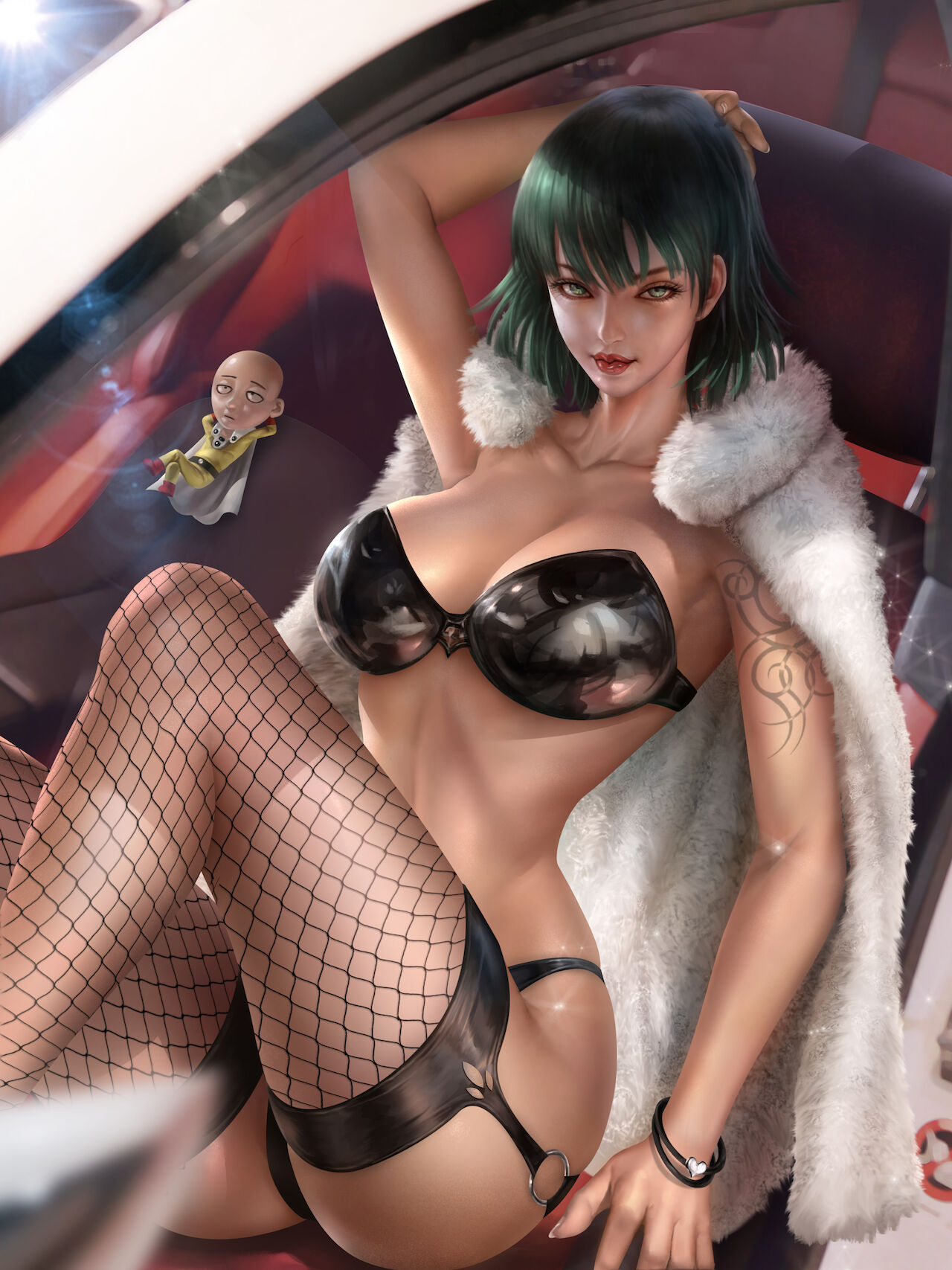 1girls ass bangs belly big_ass big_breasts big_butt bob_cut breasts butt car curvaceous curvy curvy_body curvy_female curvy_figure dark_green_hair eye_contact eyelashes fat_ass female female_focus female_only fringe front_view fubuki_(one-punch_man) fur_coat fur_trim green_eyes green_hair hips innie_pussy inside_car large_breasts light-skinned_female light_skin lips lipstick looking_at_viewer medium_hair midriff navel one-punch_man round_ass saitama short_hair slim slim_waist solo solo_female solo_focus stomach tattoo thick thick_legs thick_thighs thin_waist voluptuous waist wide_hips yam_spectrum