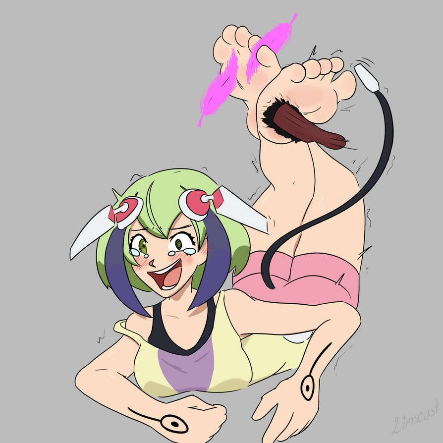 android android_girl dimension_w feathers feet_up female foot_fetish green_eyes green_hair hairbrush laughing laying_down pink_shorts purple_hair robot robot_girl tattoos tears tickle_torture tickled tickling tickling_feet yurizaki_mira