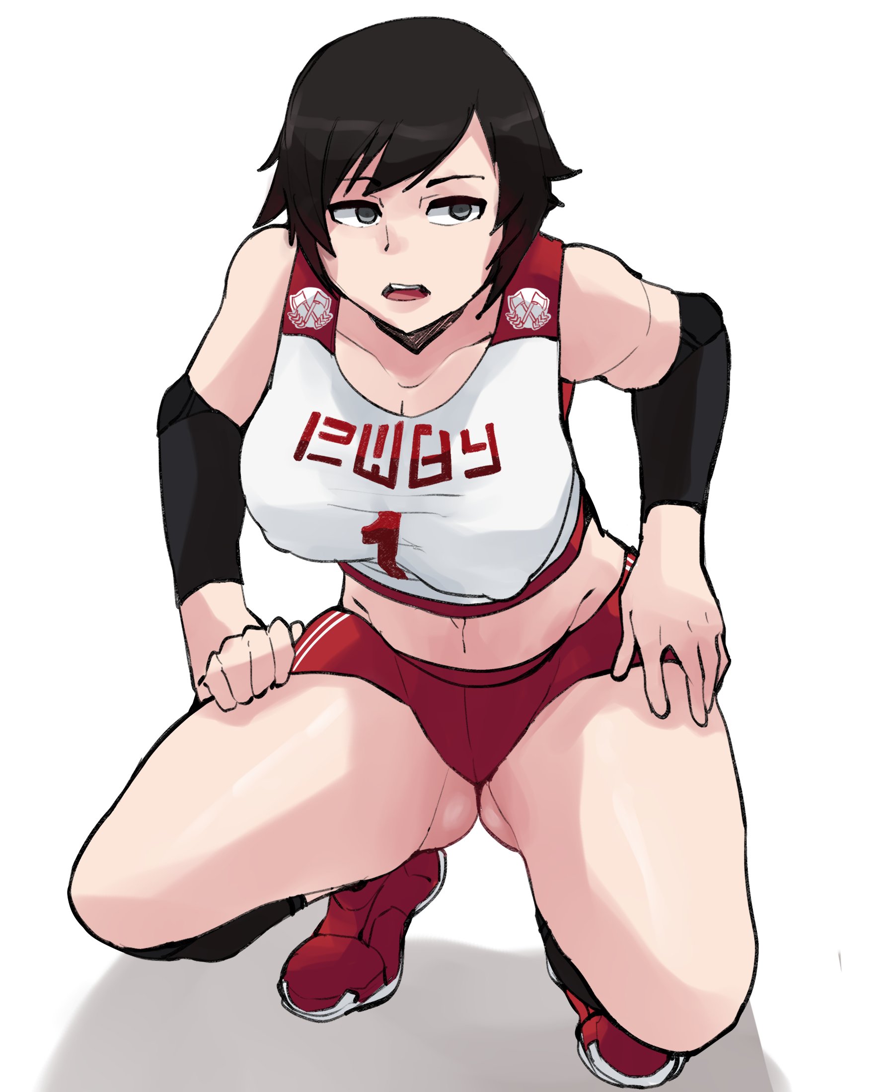 1girls, 2022, black armwear, black hair, breasts, female, female only, gym uniform, hi res, horu, large breasts, midriff, navel, red sneakers, ruby rose, rwby, silver eyes, solo, squatting, thighs, white background