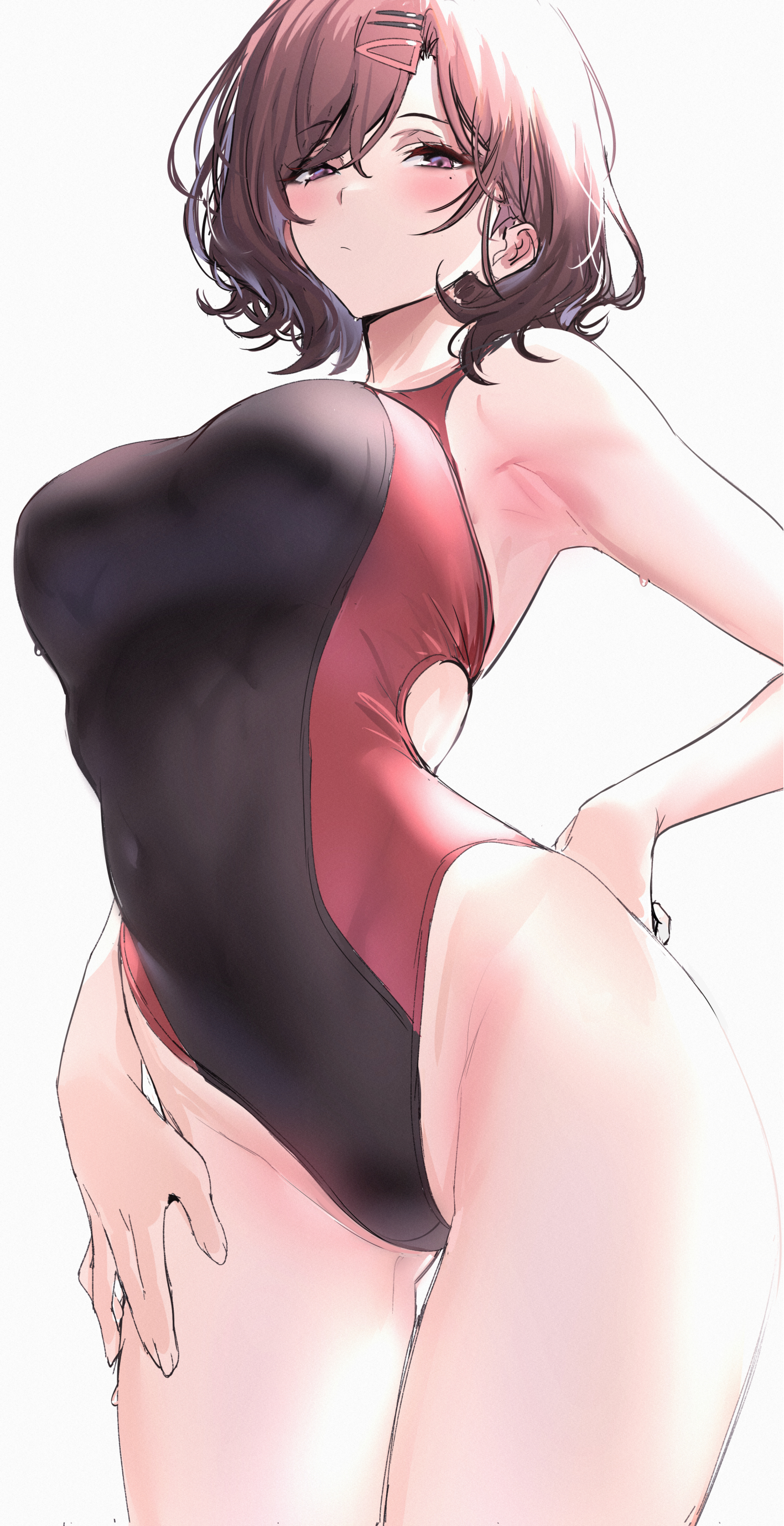 :/, 1girls, armpit, armpit crease, armpit fetish, ass, bare arms, bare shoulders, bare thighs, belly button, belly button visible through clothing, big breasts, blush, blushing at viewer, breasts, brown hair, collarbone, competition swimsuit, eyebrows visible through hair, eyelashes, female, groin, groin tendon, hair ornament, hand on ass, hand on butt, hand on hip, hand on thigh, hi res, highres, higuchi madoka, idolmaster, idolmaster shiny colors, large breasts, looking at viewer, mole, mole under eye, nipple bulge, one-piece swimsuit, purple eyes, short hair, simple background, sport, swimsuit, swimwear, thick thighs, thighs, tight clothing, ulrich (tagaragakuin), viewed from below, water, white background