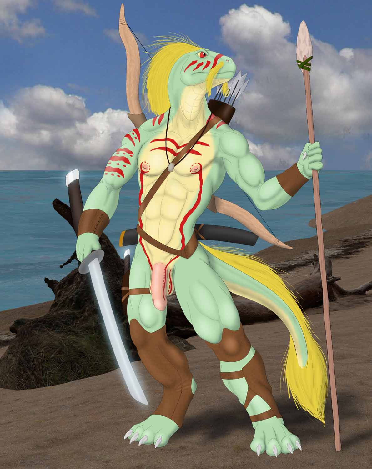 anthro armor bottomwear clothing genitals hi_res kaa_bakensobek loincloth male markings melee_weapon outside polearm scalie sek-raktaa solo spear sword tagme tribal tribal_markings weapon