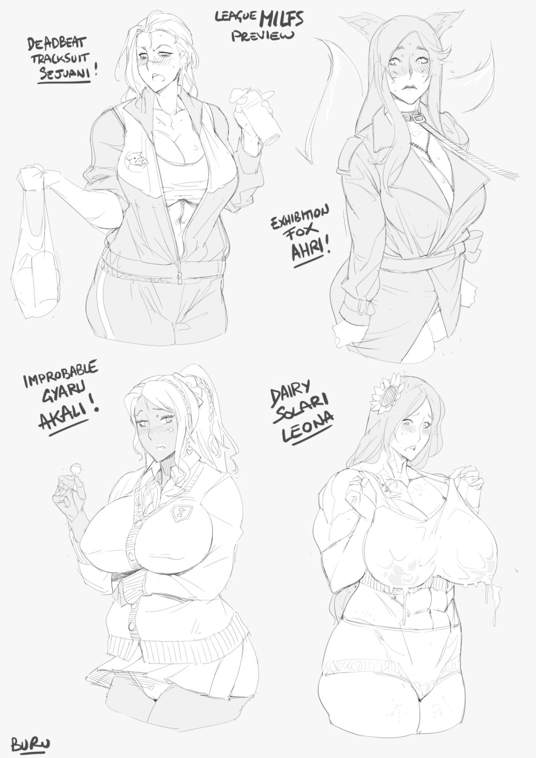 4girls ahri akali big_breasts buru female female_only gyaru lactation league_of_legends leona_(league_of_legends) milk sejuani