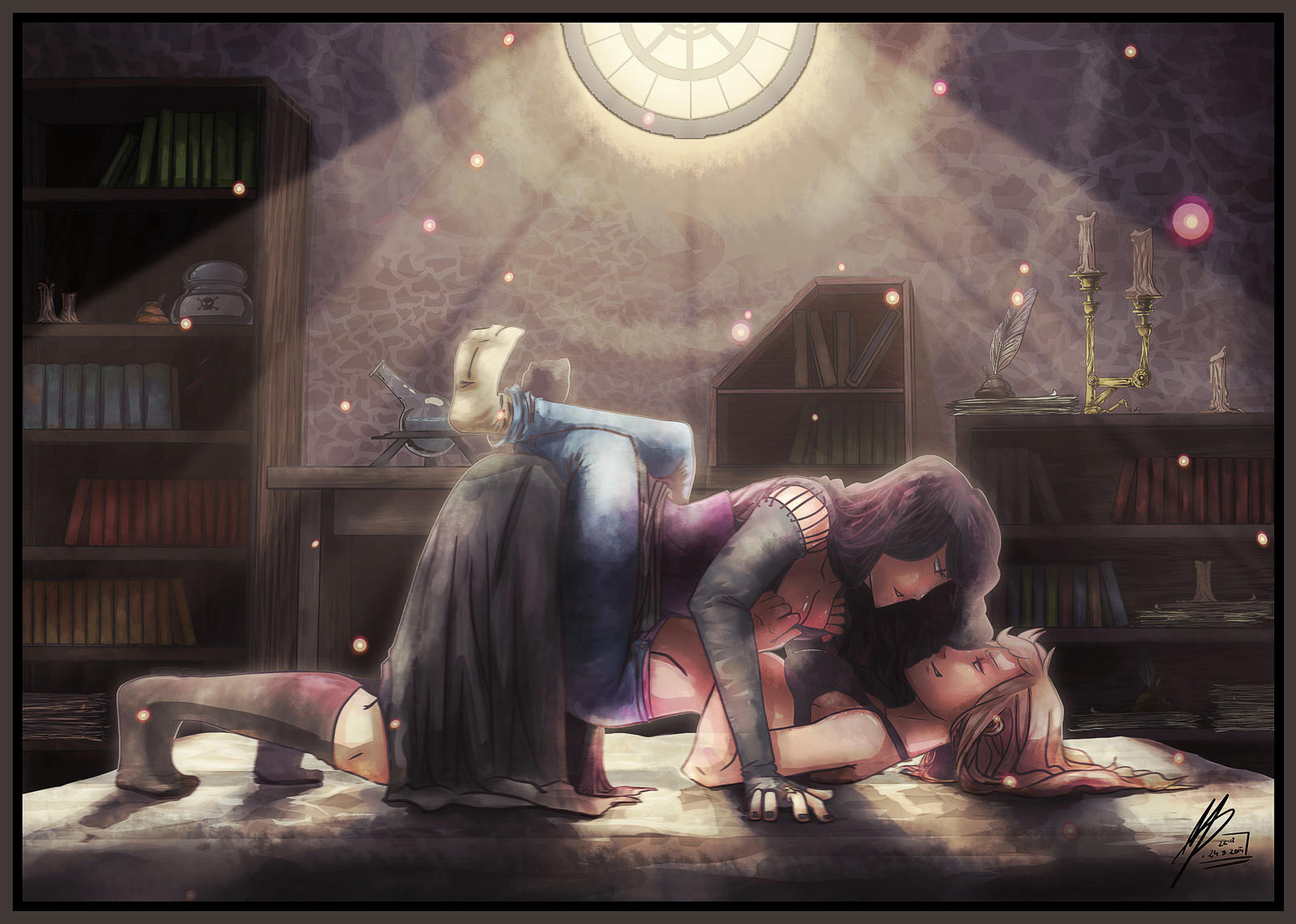 2girls, age difference, armwear, background, badasspantiestalker, bare shoulders, bellatrix lestrange, black hair, bra, breast grab, breasts, cleavage, clothed, clothed female, clothing, dark room, detailed background, dress, duo, eye contact, eyes, fantasy, female, female only, fingerless gloves, full body, fully clothed, gloves, groping, gryffindor, happy, harry potter, hermione granger, holding, human, human only, jeans, legs around partner, legs around waist, light particles, light skin, light-skinned female, long gloves, long hair, long skirt, looking at another, lying, magic user, multiple females, multiple girls, older female, on back, on table, open eyes, pants, partially clothed, side view, sideboob, signature, skirt, slytherin, smile, socks, sunlight, table, underwear, witch (harry potter), younger female, yuri