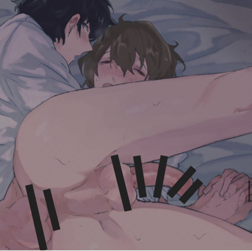 2boys, akira kurusu, black hair, blush, brown hair, censor bar, censored genitalia, eyes half open, goro akechi, grey eyes, holding hands, laying on side, male, male only, male/male, persona, persona 5, red eyes, ren amamiya, staring at viewer, yaoi