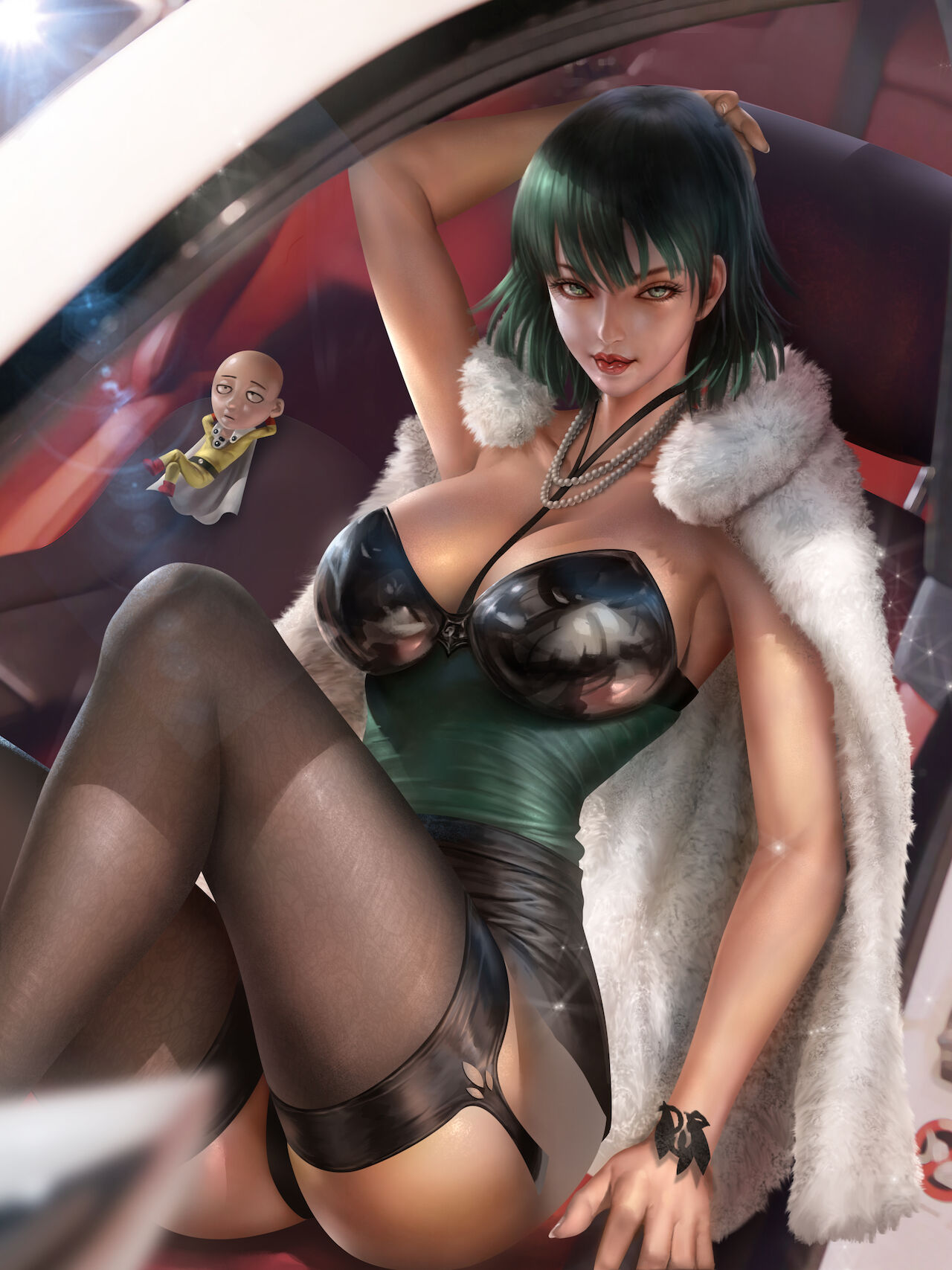 1girls ass bangs belly big_ass big_breasts big_butt bob_cut breasts busty butt car cleavage curvaceous curvy curvy_body curvy_female curvy_figure dark_green_hair eye_contact eyelashes fat_ass female female_focus female_only fringe front_view fubuki_(one-punch_man) fur_coat fur_trim green_eyes green_hair hips innie_pussy inside_car large_breasts light-skinned_female light_skin lips lipstick looking_at_viewer medium_hair midriff navel one-punch_man round_ass saitama short_hair slim slim_waist solo solo_female solo_focus stomach thick thick_legs thick_thighs thin_waist voluptuous waist wide_hips yam_spectrum