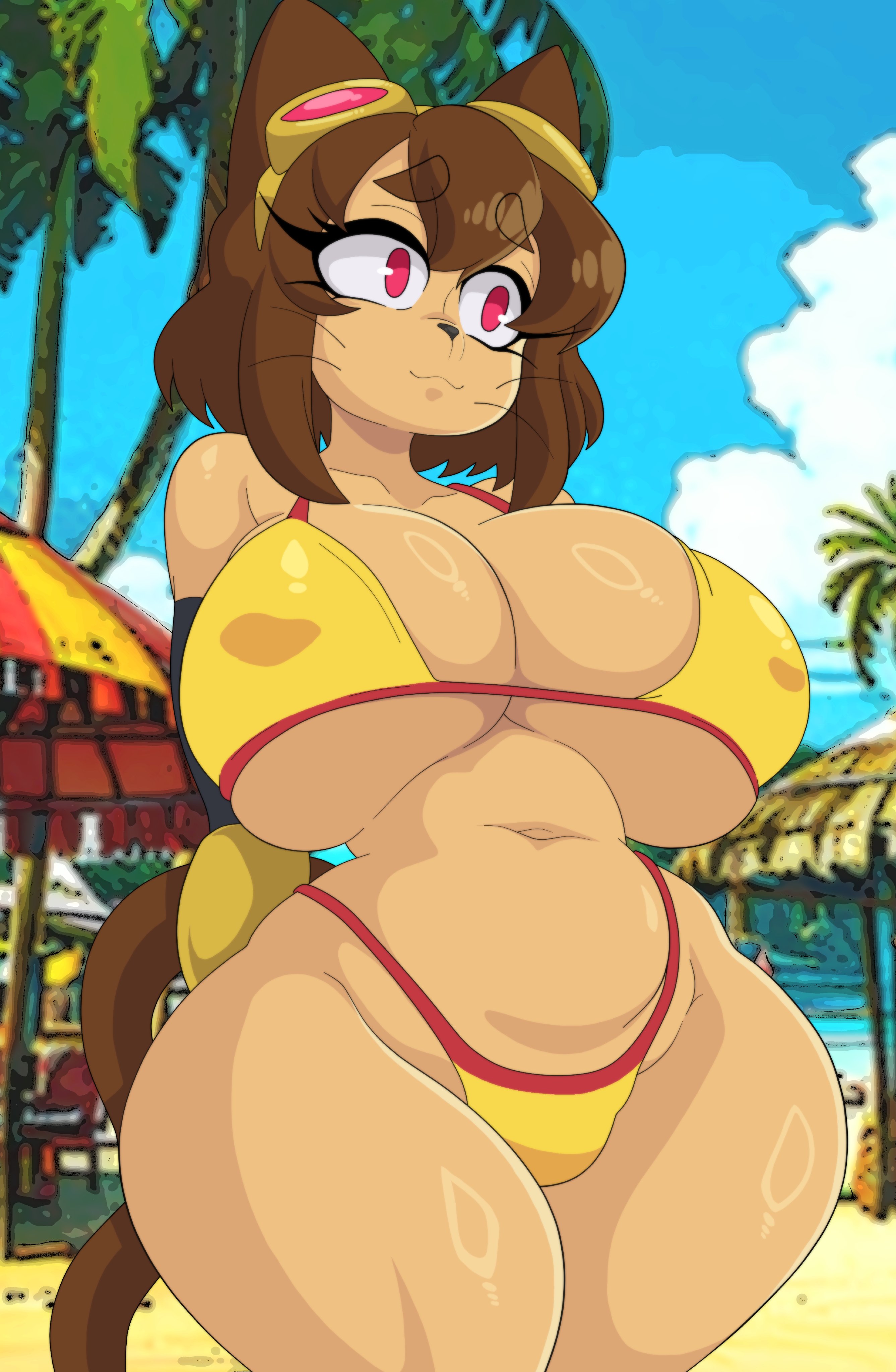 1girls, alternate body type, anthro, ass, big ass, big breasts, bra, breasts, coloringchips, dark-skinned female, english text, female, female focus, female only, gameoverse, heroine, huge ass, huge breasts, kit (gameoverse), large ass, large breasts, latina, looking at viewer, looking back, nerdy female, panties, simple background, solo, thick thighs, thighs, wide hips