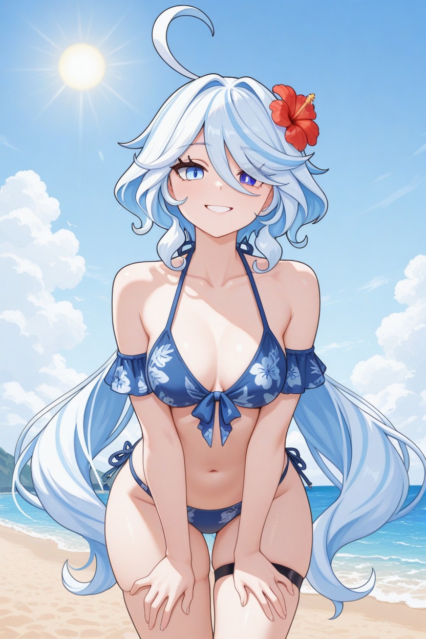 1female, 1girls, 1human, 1woman, ai, ai generated, beach, beach background, big breasts, bikini, bikini bottom, bikini only, bikini top, black legband, black legwear, blue bikini, blue bikini bottom, blue bikini only, blue bikini top, blue eye, breasts, dark blue eye, day, daylight, daytime, female, female only, fontaine girls, frosting.ai, furina, furina (genshin impact), genshin impact, hair flower, hair ornament, hands on legs, hawaiian, hawaiian clothes, hawaiian female, heterochromia, hoyoverse, human, human only, leaning forward, legband, legs together, legwear, light blue eye, light blue hair, long hair, looking at viewer, mihoyo, non-nude, red flower, red hair ornament, sand, sea, seaside, sfw, smiling, smiling at viewer, solo, standing, teeth, teeth showing, thick thighs, thighs, tummy, two-tone eyes, woman, woman only, woman solo