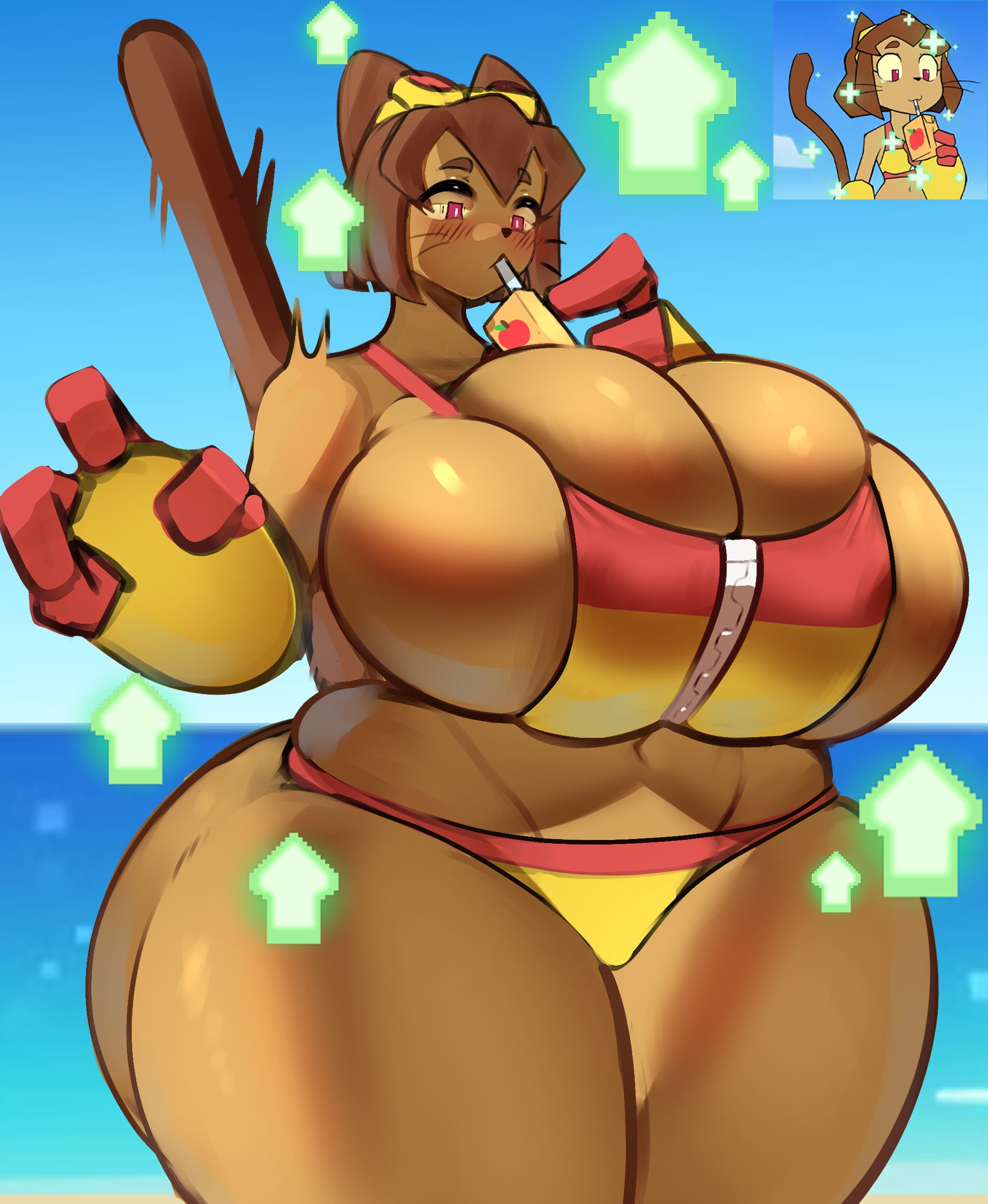 anthro, breast expansion, breasts bigger than head, bursting breasts, cat ears, catgirl, chomperwhy, female, gameoverse, girl, huge breasts, huge thighs, kit (gameoverse), pantherine, solo, swimsuit, tagme, thick thighs, thigh expansion, wide hips, wide thighs