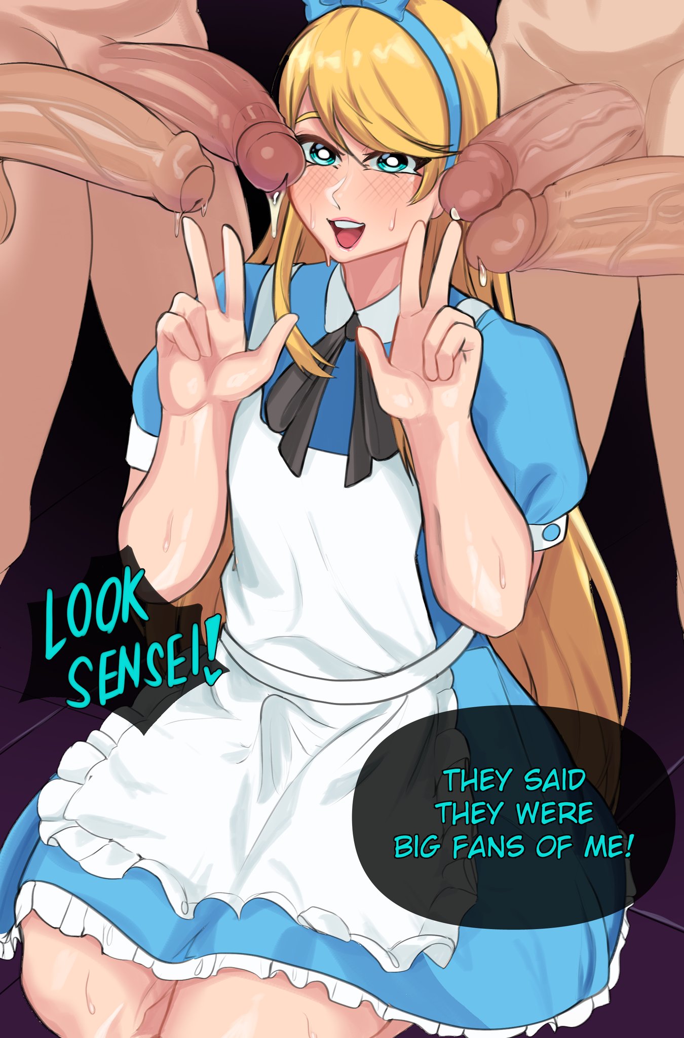 5boys, apron, blonde hair, blue dress, blue eyes, blue hairband, bulge, bulge through clothing, canon crossdressing, crossdressing, dress, english text, femboy, gay, hairband, long hair, male, male only, megami tensei, multiple boys, official alternate costume, penis, penis size difference, persona, persona 4, precum, sieroo, sweat, teddie (persona), text, white apron, yaoi