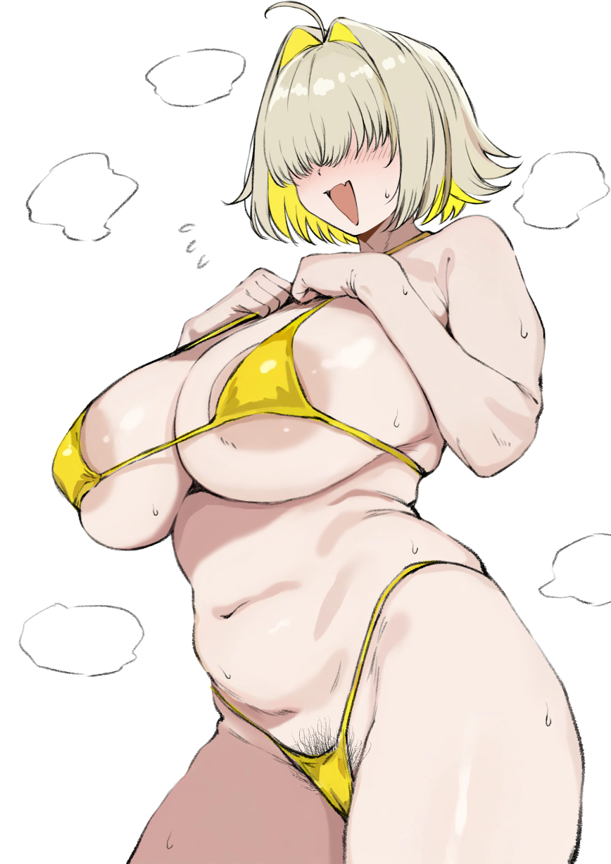 1girls, ahoge, areola slip, belly, bikini, black pubic hair, blonde hair, blush, breasts, cleavage, cowboy shot, elegg (nikke), fang, female pubic hair, flying sweatdrops, goddess of victory: nikke, hair intakes, hair over eyes, hands on own chest, highleg bikini, huge breasts, large areolae, mismatched pubic hair, navel, open mouth, plump, pubic hair, pubic hair peek, short hair, simple background, skin fang, smile, solo, standing, steam, steaming body, stomach, string bikini, sweat, sweatdrop, swimsuit, taira (artist), thick thighs, thighs, white background, yellow bikini