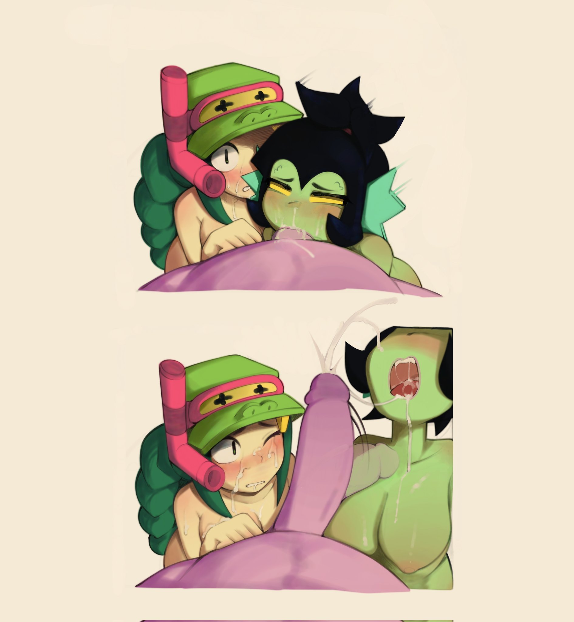 1boy2girls, alli (brawl stars), big breasts, black hair, blush, blushing at partner, blushing female, body blush, brawl stars, completely nude, completely nude female, cum drip, cum in mouth, cum on breasts, cum on face, cumshot, deepthroat, ejaculation, fellatio, female, frank (brawl stars), gagging, gasp, green hair, green skin, half-closed eyes, male, nude, nude female, nude male, one eye closed, oral, scared, snorkel, threesome, willow (brawl stars), xyraabs, yellow sclera